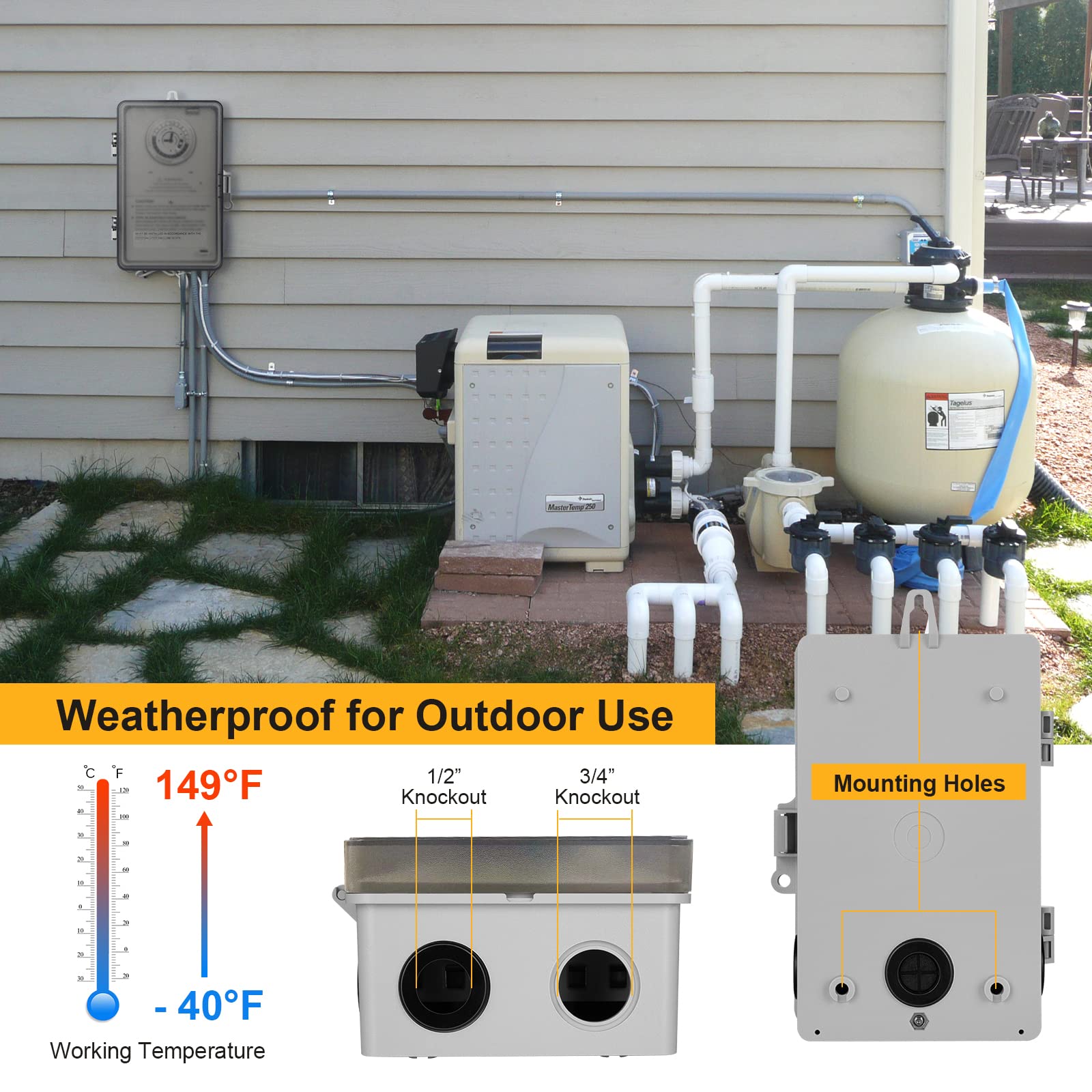 SURAIELEC 24-Hour Mechanical Pool Timer Switch - 40 AMP, 2HP, 120/240/277V Heavy Duty Outdoor/Indoor Controller for Pool Pump, Water Heater, Spa & Appliances | Perfect for Automatic Pool Maintenance & Energy Savings