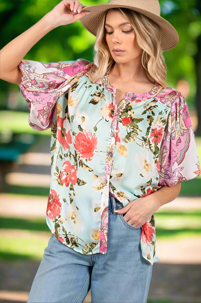 Plus Size Floral Print Mineral Wash French Terry Button Up Shirt for Women - Casual Loungewear & Spring Layering Top