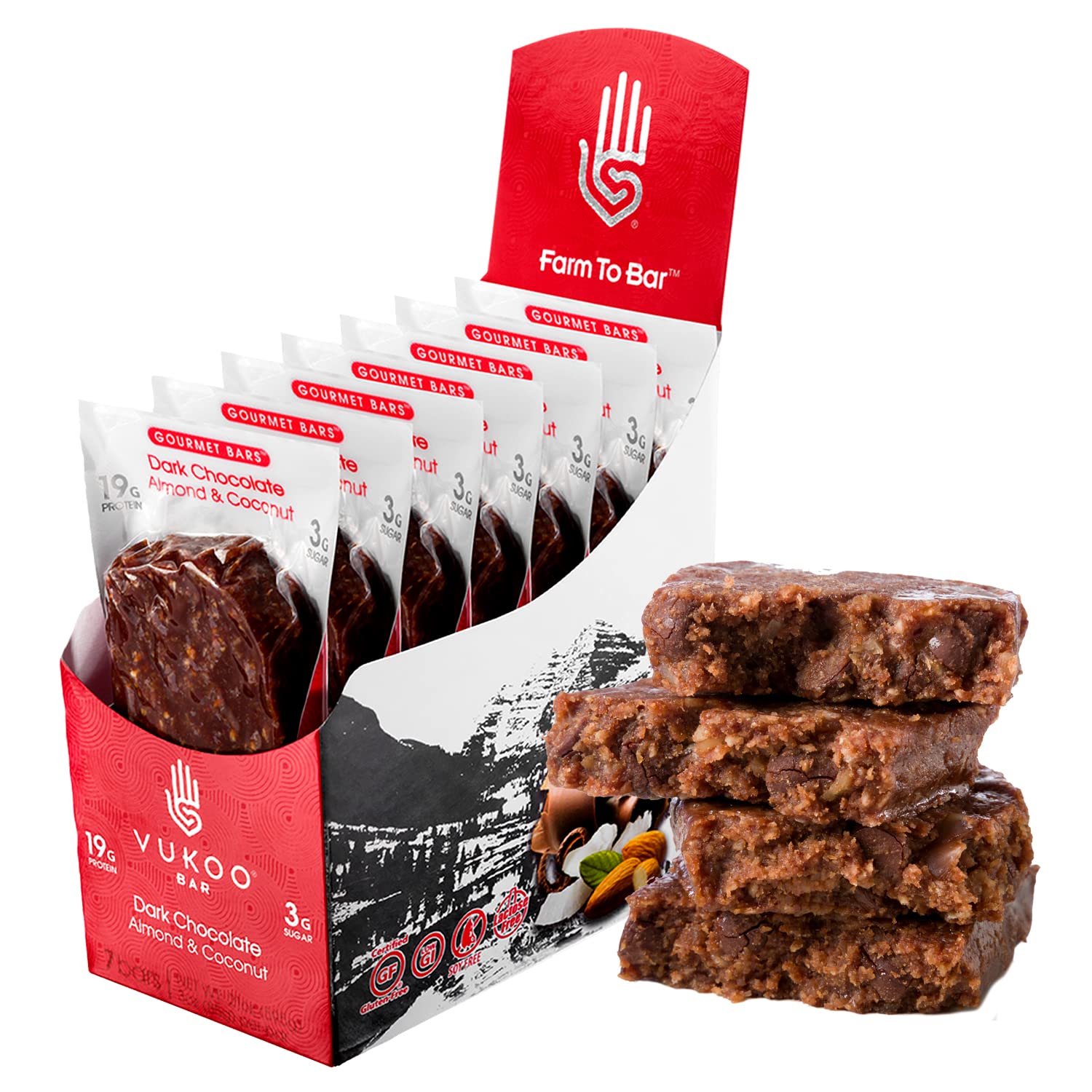 Vukoo Refrigerated Protein Bars - Dark Chocolate Almond Coconut Flavor (12 Pack) | 19g Protein, Organic Oats, Low Sugar, High Fiber, Gluten Free | Healthy Snack for Gym, Hiking, Workout & On-the-Go Nutrition