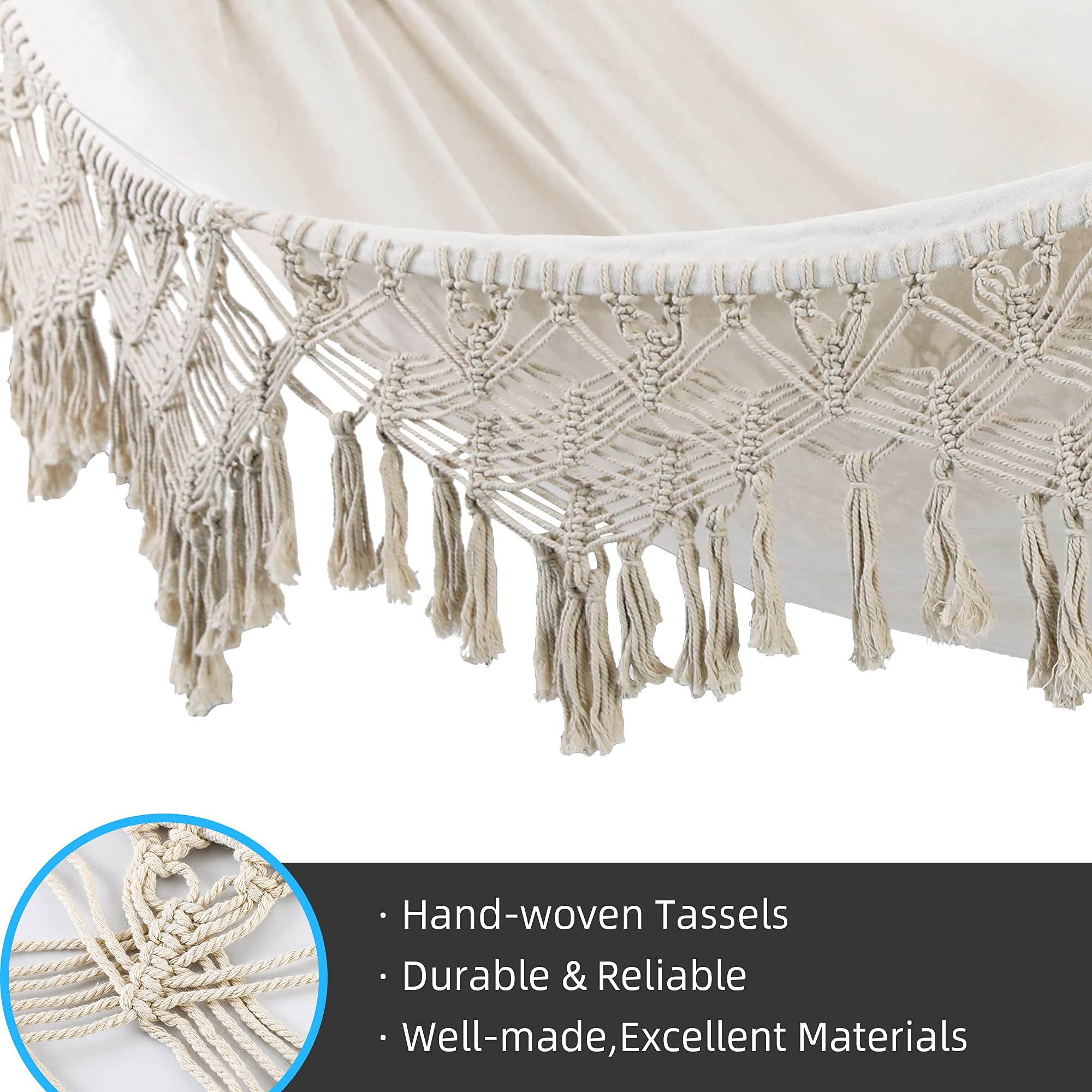 Boho Double Hammock for 2 Persons - 500lbs Capacity Macrame Fringe Cotton Rope Swing with Tassels & Travel Bag - Indoor Outdoor Hanging Chair for Bedroom, Porch, Garden, Patio, Backyard & Camping (White)