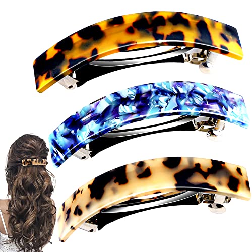 3-Piece Large Hair Barrettes for Women with Thick Hair - Classic Tortoise Rectangle Snap French Barrettes - Hair Accessories for Ponytails, Curly & Long Hair - Perfect for Work, Weddings & Everyday Styling (Tortoise)