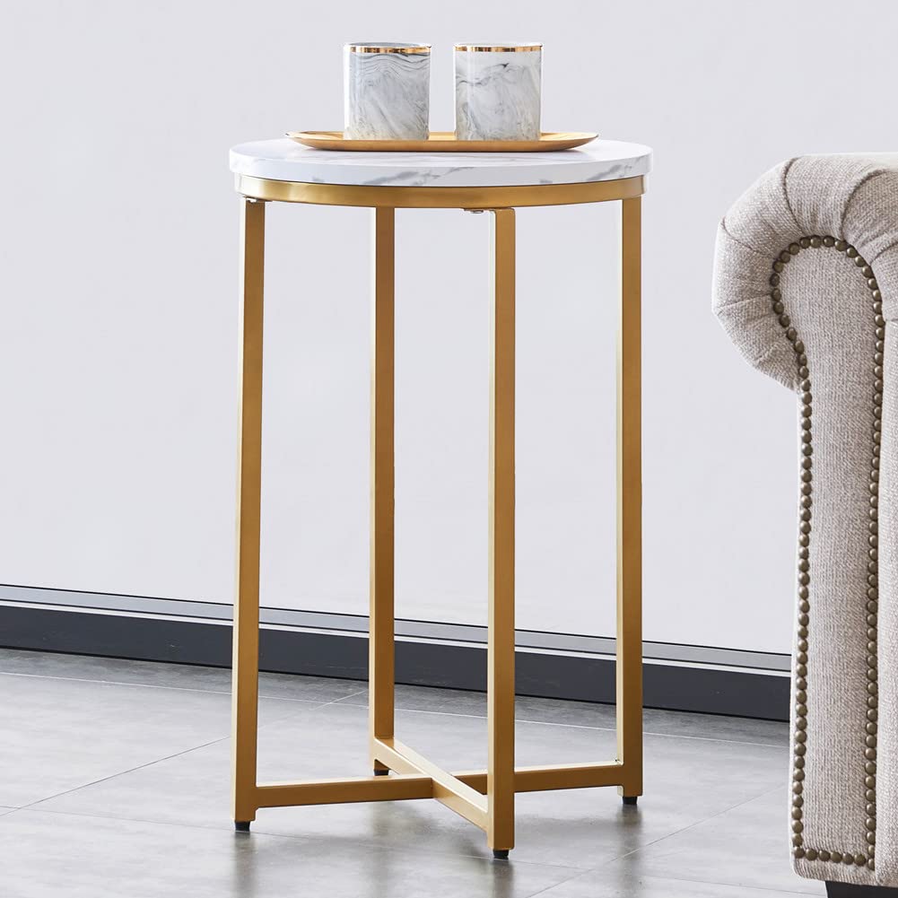 Modern Round Side Table with Marble Top & Gold Metal Frame - 16