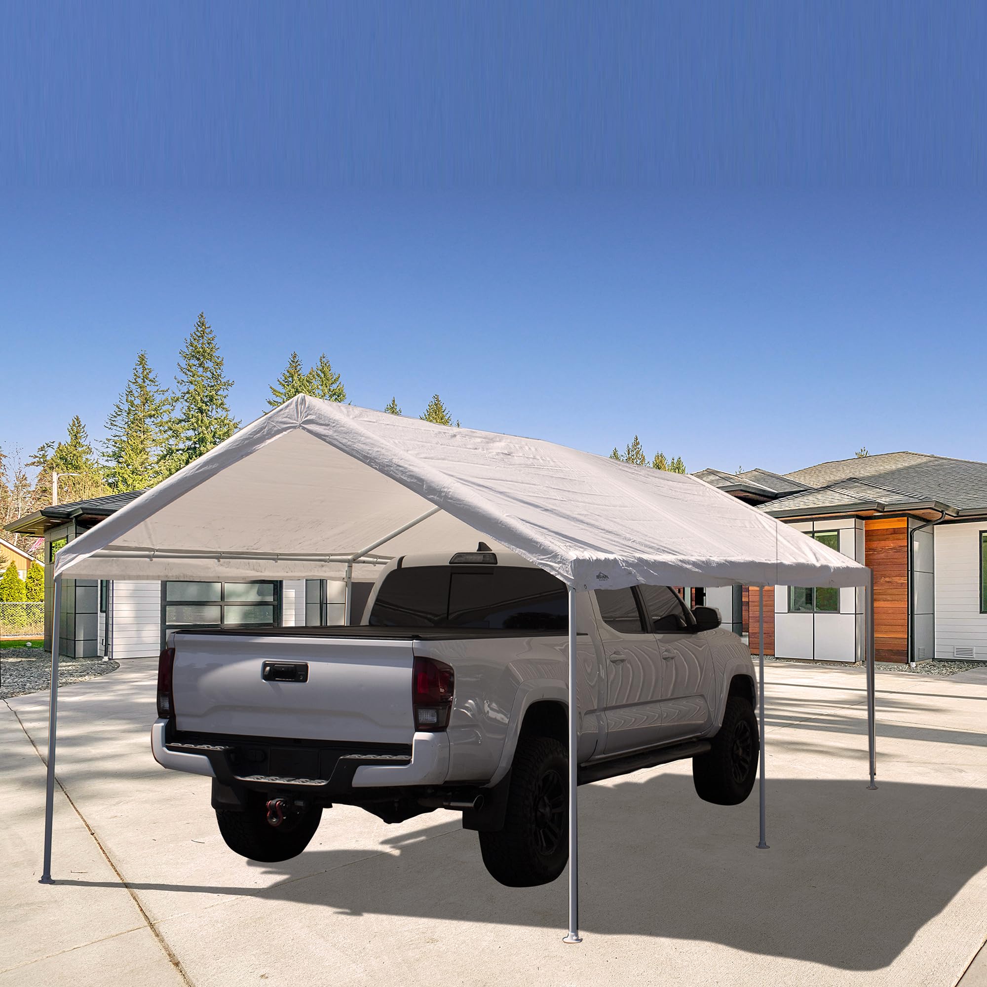 Heavy Duty Powder Coated Steel Frame Pop Up Canopy Carport with 6 Steel Stakes - White Outdoor Shelter for Parties, Camping, Picnics & Backyard Events