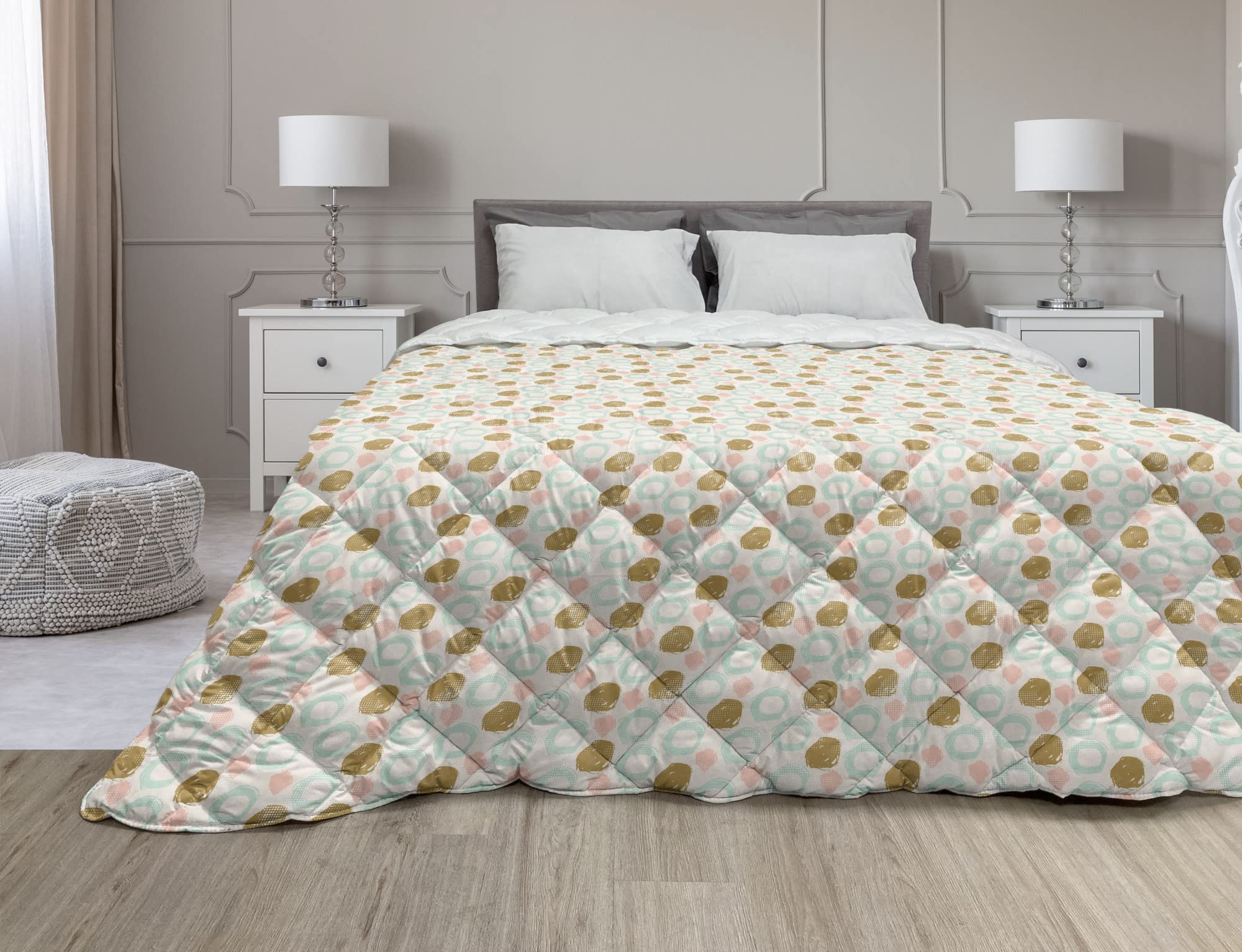 Ambesonne Queen Size Down Alternative Comforter - Pink & Turquoise Abstract Hand-Drawn Circles Pattern, All-Season Microfiber Quilt in Eggshell & Pale Coffee | Soft Bedding for Guest Rooms, Dorm Decor & Cozy Bedroom Makeover