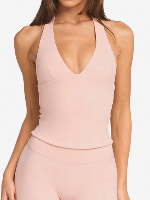 ZASUWA Women's Solid Color V-Neck Halter Backless Tank Top with Chest Pads - Quick Dry Workout Shirt for Yoga, Running & Summer Outdoor Activities