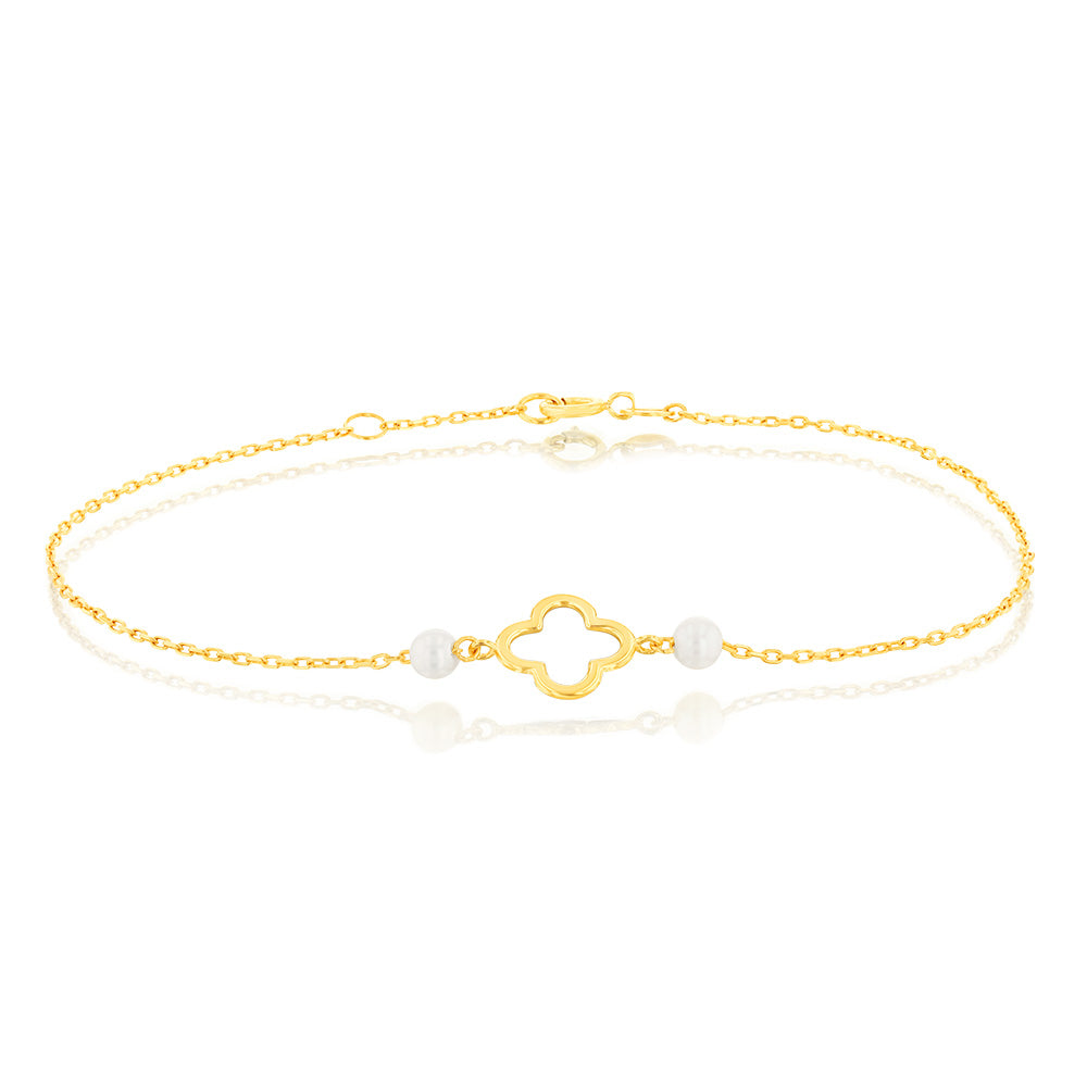 9ct Yellow Gold 19.10cm Leaf Clover and Pearl Bracelet for Women - Elegant Four Leaf Clover Charm Bracelet with Pearl Accents - Perfect for St. Patrick's Day, Birthday Gifts & Special Occasions