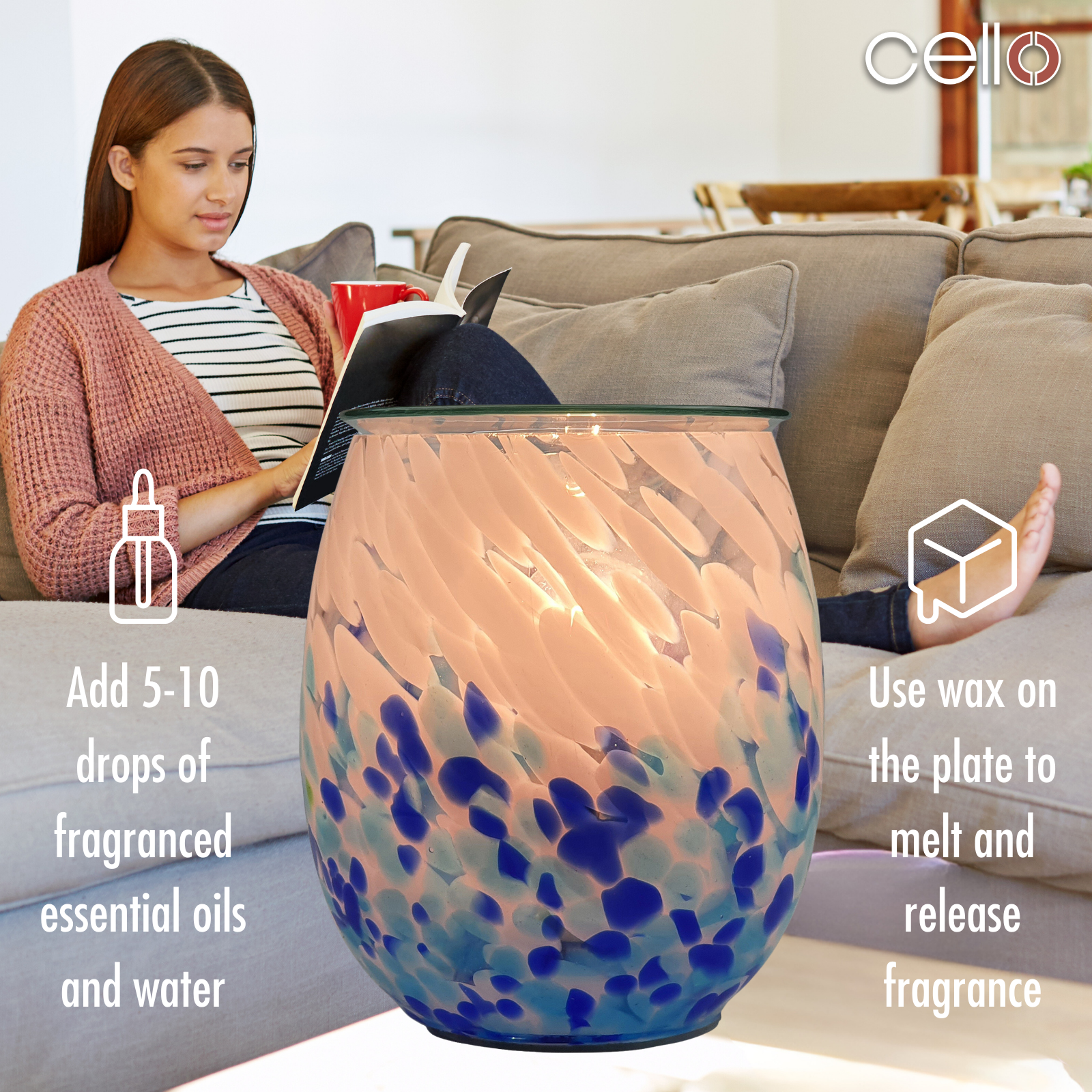 Premium Cello Electric Wax Warmer - Handcrafted Art Glass with Crashing Waves Design for Home Aromatherapy & Relaxation | Perfect for Living Room, Bedroom, Spa & Office Decor