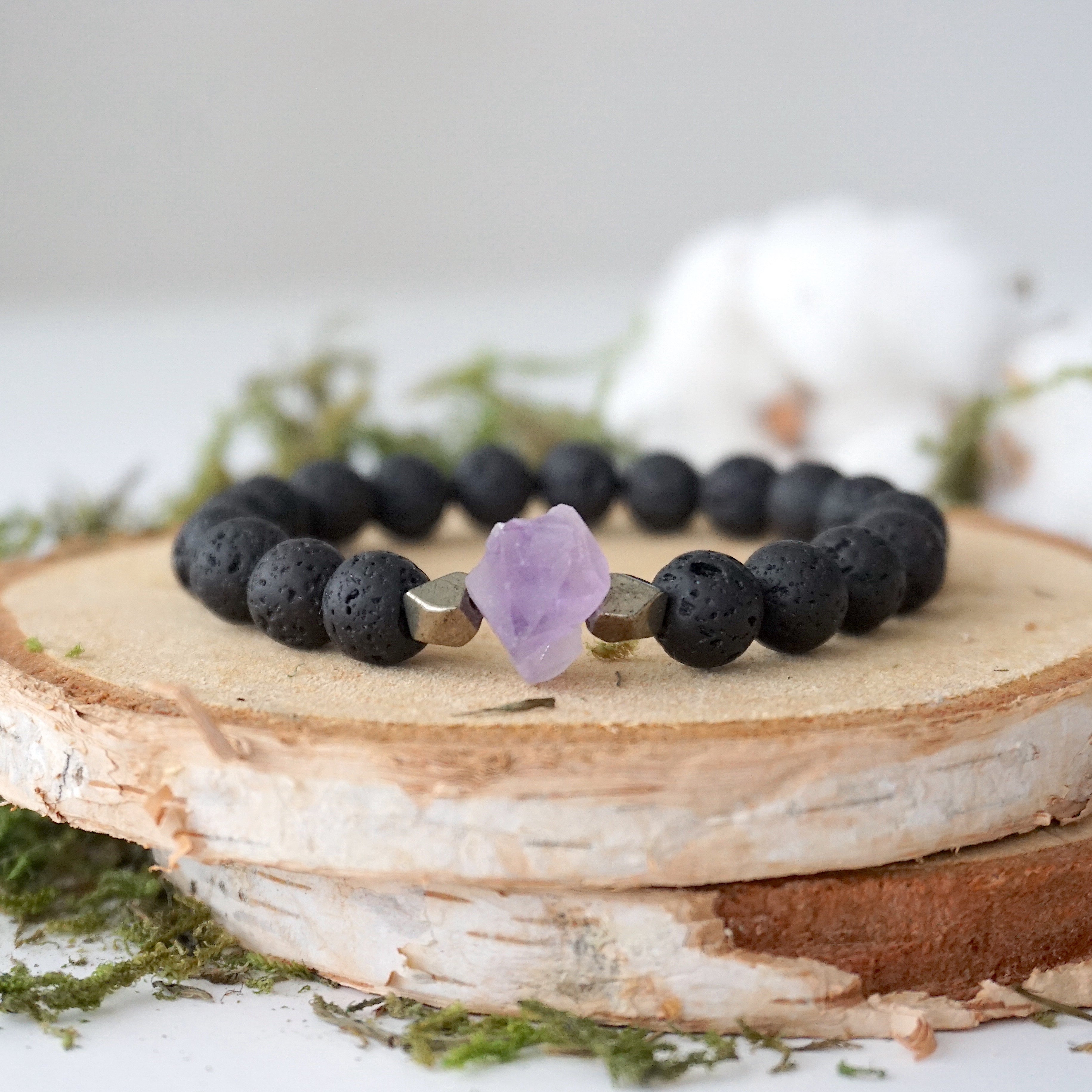 Natural Raw Amethyst & Black Lava Stone Beads Healing Crystal Mala Bracelet for Meditation, Yoga & Spiritual Protection | Handmade Gemstone Jewelry Gift