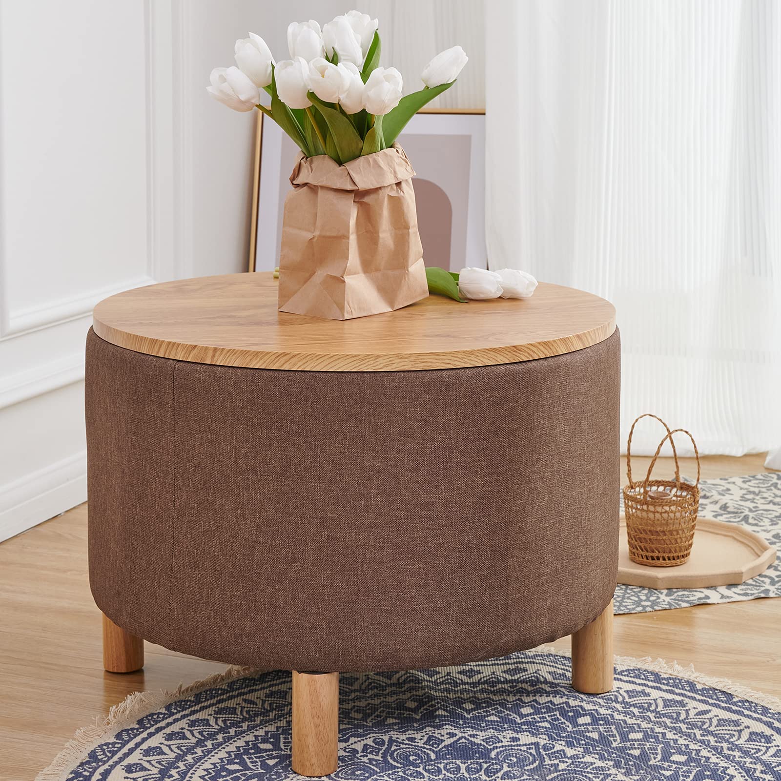 Round Coffee Table with Storage - Multi-Function Ottoman Foot Rest, High-Capacity Cotton Linen Fabric, Natural Color - Perfect for Living Room, Bedroom & Home Office Use