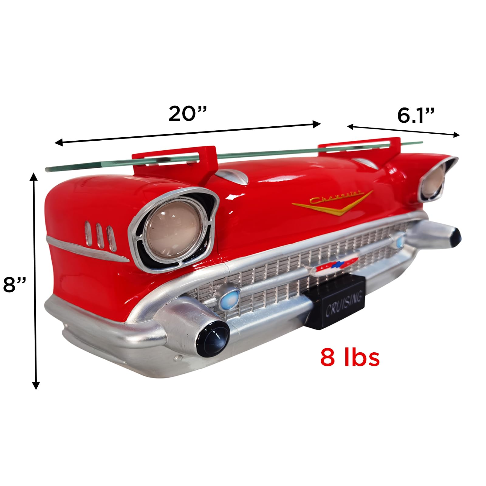 1957 Chevy Bel Air Wall Shelf - Red Floating Shelf with LED Headlights (20x6.1x8 inches) | Tempered Glass Classic Car Decor | Battery Operated Novelty Gift for Car Enthusiasts | Perfect for Man Cave, Garage, or Automotive-Themed Room Decor