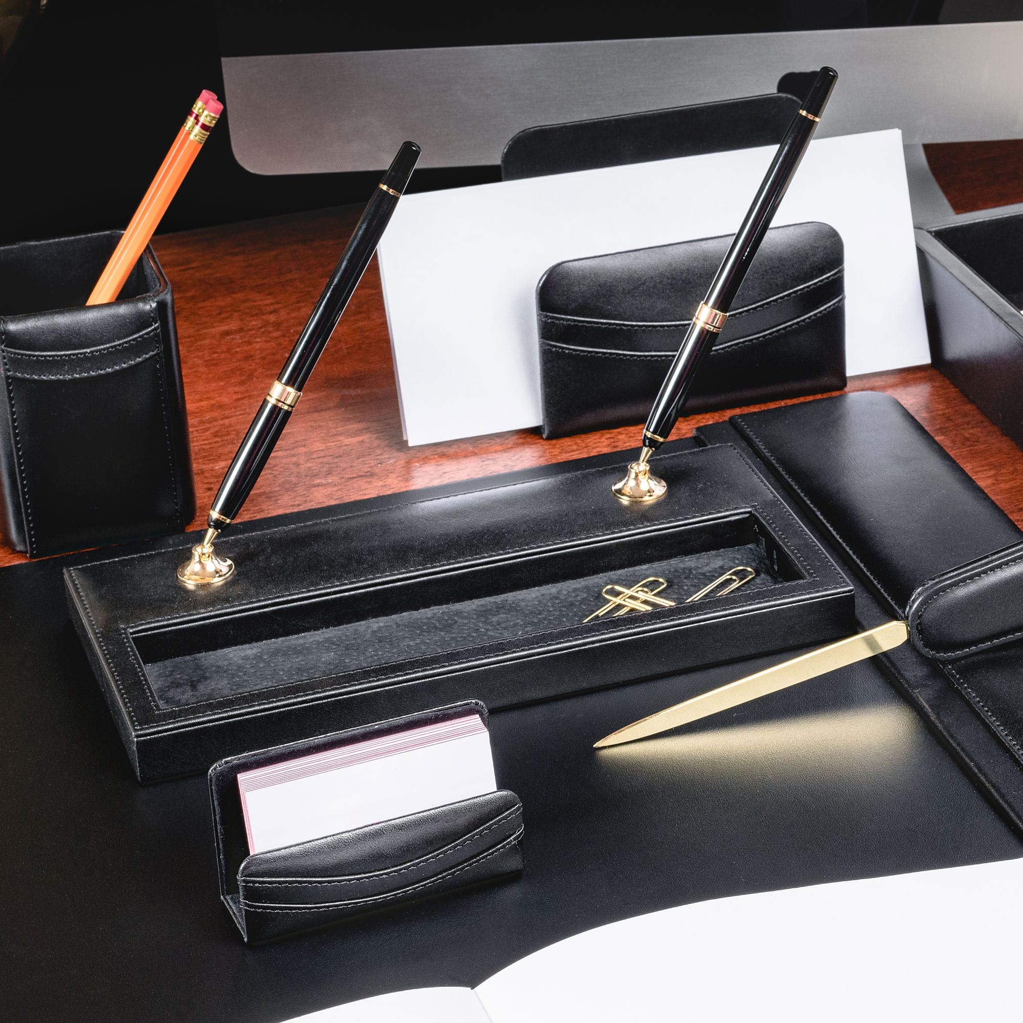 Premium Black Leather Pen Holder with Double Gold Accents - Elegant Desk Organizer for Office, Home & Gift Giving
