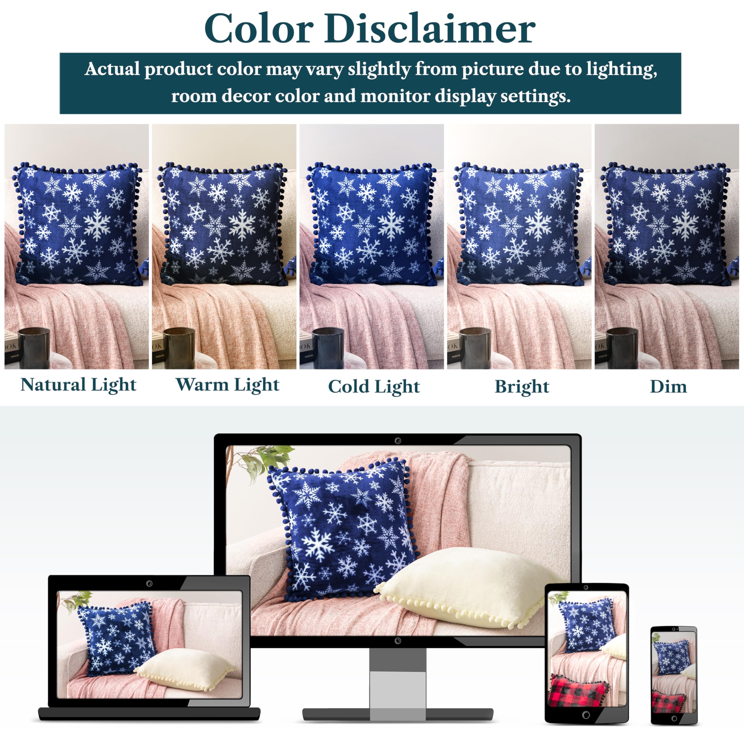 PAVILIA 18x18 Inch Blue Snowflake Throw Pillow Covers Set of 2 - Velvet Plush Pom Pom Decorative Cushion Covers for Sofa, Couch, Bed - Christmas Winter Holiday Home Decor for Living Room, Bedroom