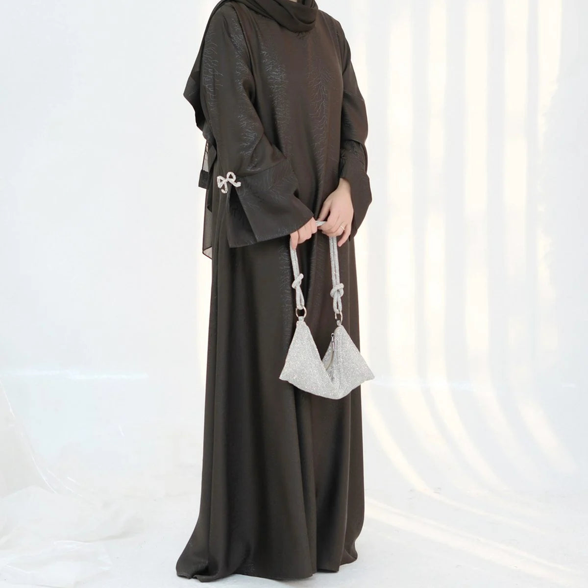 Elegant Jacquard Satin Bow Abaya Dress #25006 - Modest Muslim Women's Prayer Dress for Special Occasions & Daily Wear