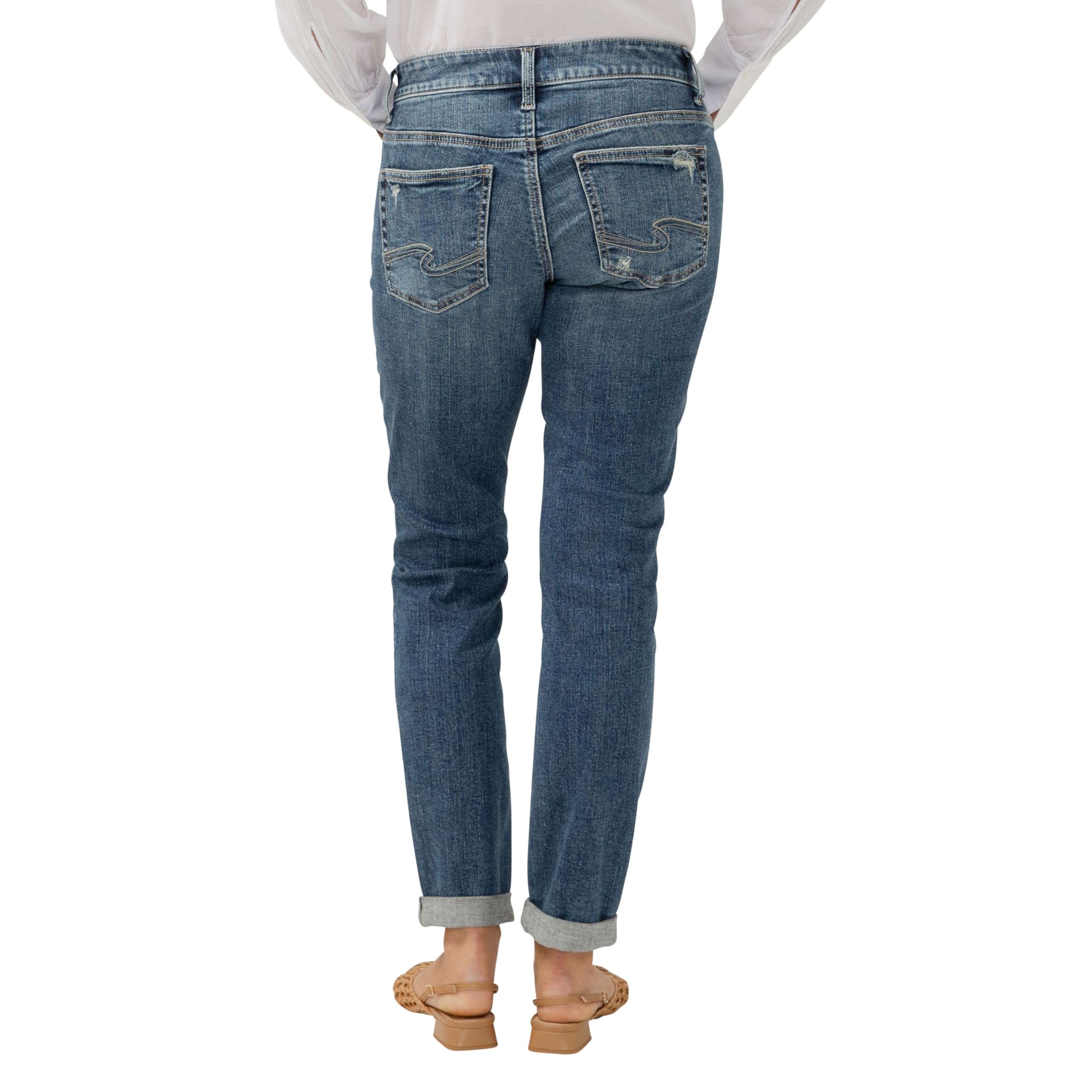 Silver Jeans Co. Women's Boyfriend Mid Rise Slim Leg Jeans - Comfortable Stretch Denim Pants for Casual Wear & Everyday Outfits