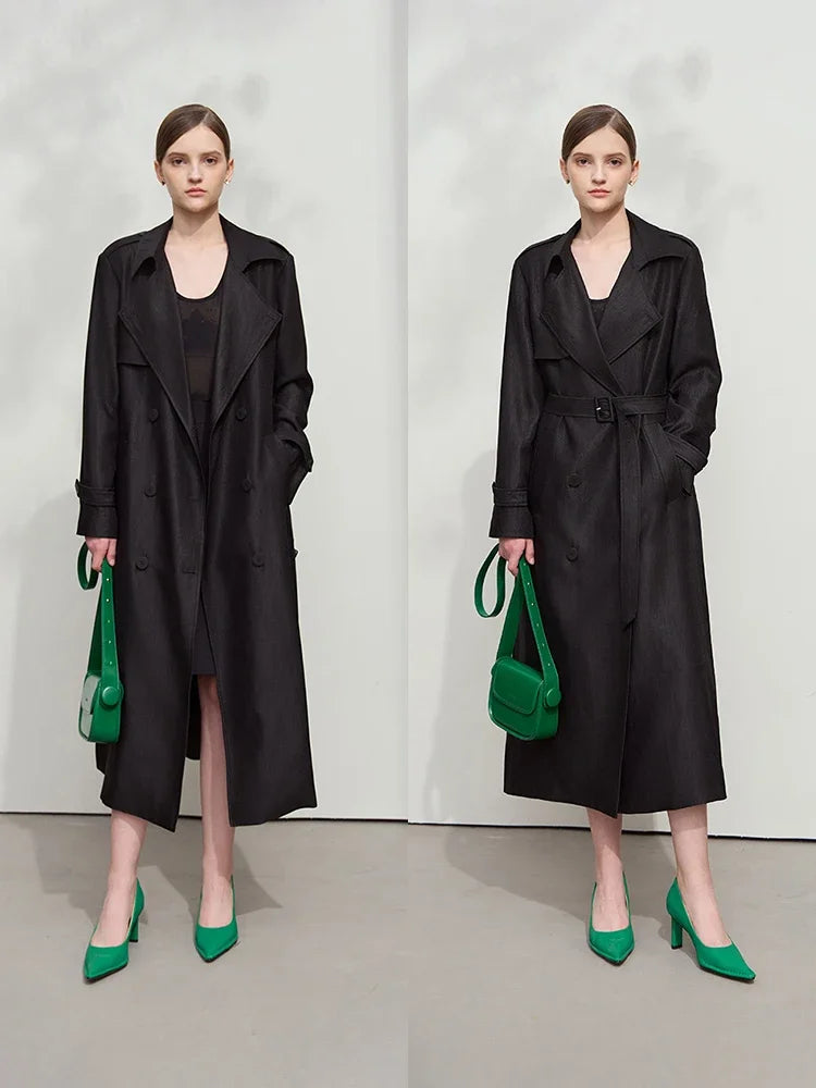 Minimalist Wide Waist Trench Coat for Women - 2025 Spring Summer Fashion Long Double Breasted Overcoat with Turn Down Collar | Office Wear, Business Casual, Spring Outerwear