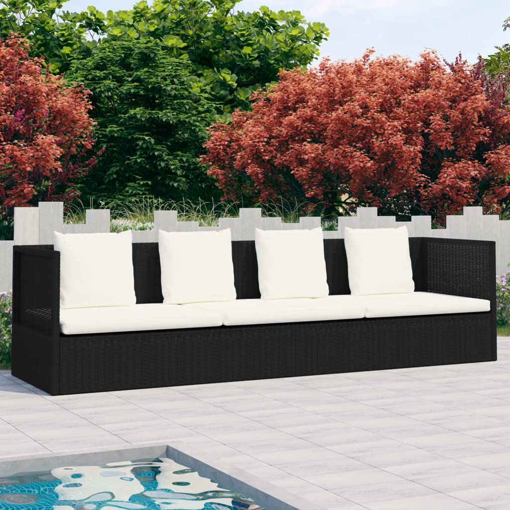 **Adjustable Patio Lounge Bed with Cushion & Pillows - Outdoor Daybed for Poolside, Deck, Backyard - Easy Assembly Black Poly Rattan - Perfect for Sunbathing, Relaxing & Lounging**