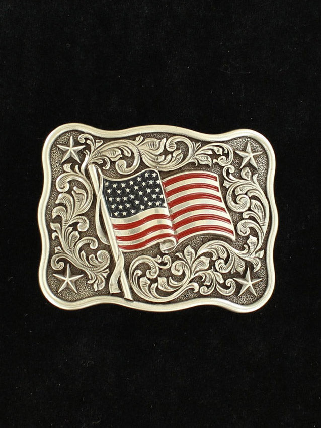 Nocona 37706 Kids Rectangle Smooth Edge Scroll Stars USA Flag Belt Buckle for Boys & Girls - Perfect for Western Outfits, Rodeo Events & Patriotic Occasions