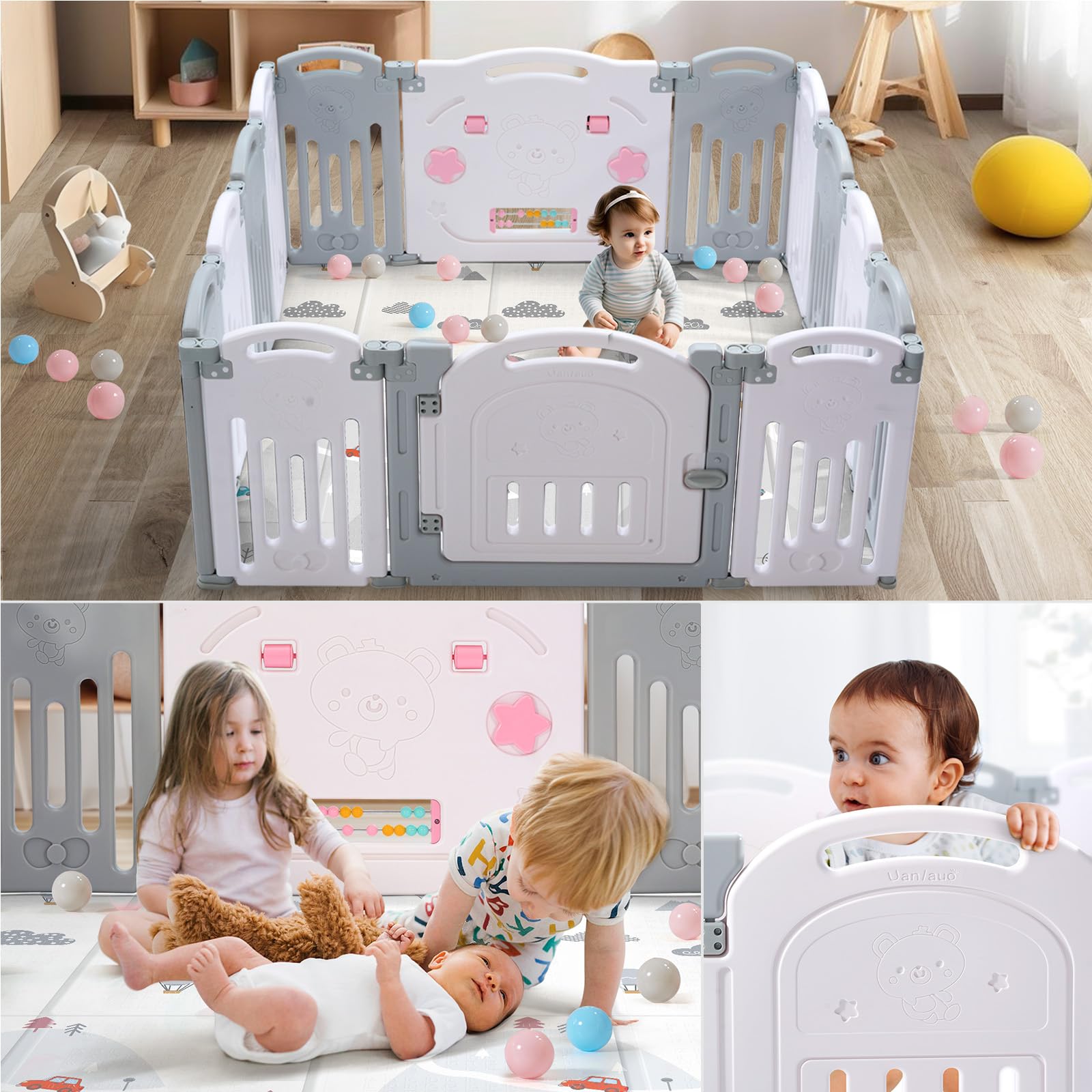 Uanlauo 14-Panel Baby Playpen - Safe & Sturdy Play Yard for Babies & Toddlers | Easy Assemble, Foldable & Portable Indoor/Outdoor Use | Perfect for Home, Nursery, Park & Travel (Grey)