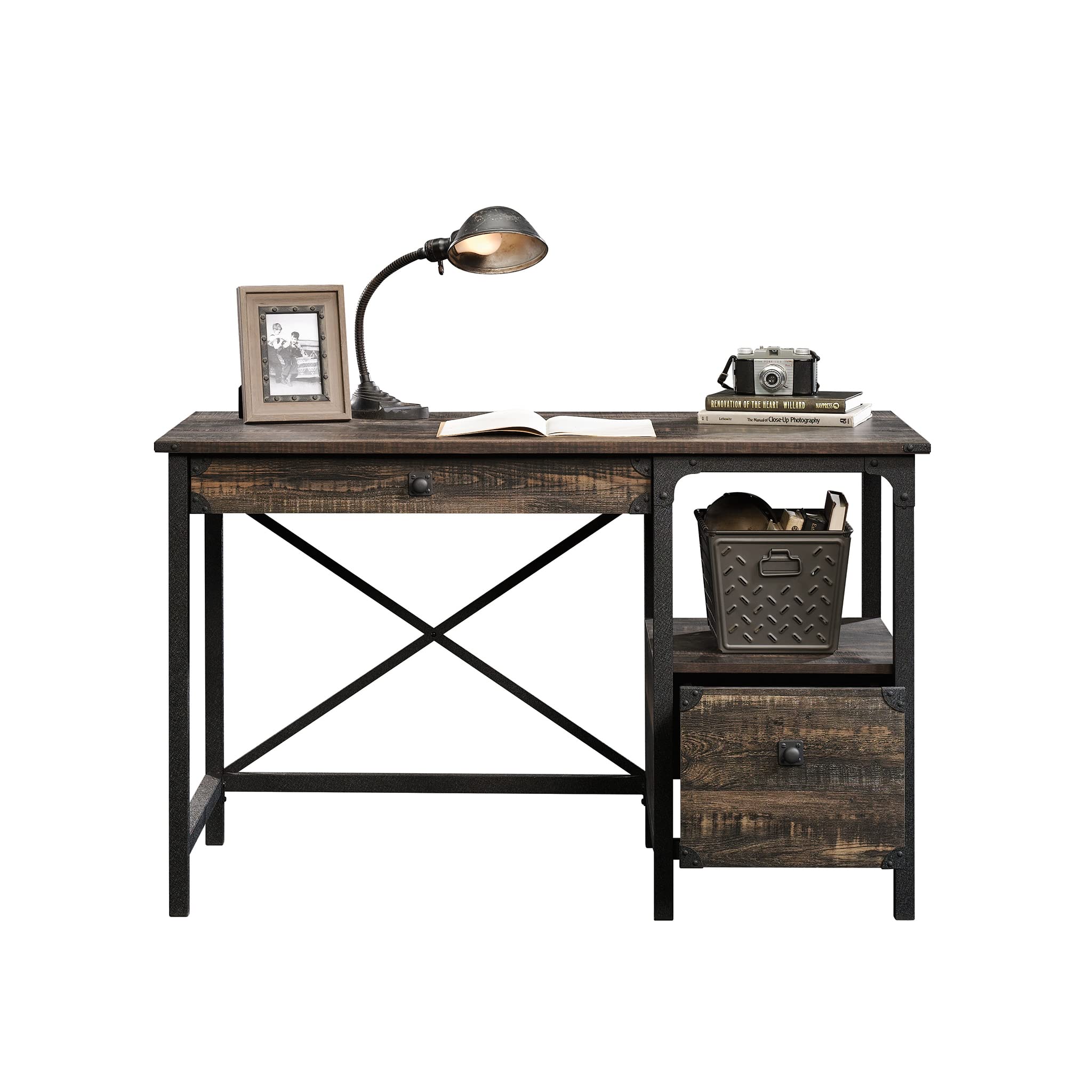 Sauder Steel River Industrial Office Desk with 2 Drawers & Open Shelf - Carbon Oak Finish - Perfect for Home Office & Workspace Organization