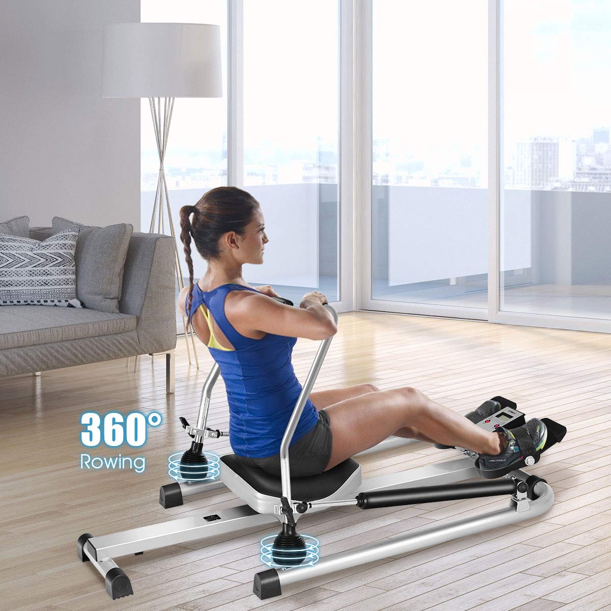 GYMAX Hydraulic Rowing Machine for Home Workout - 265LBS Weight Capacity, Adjustable Resistance up to 110lbs with LCD Monitor - Compact Full Motion Rower for Cardio & Strength Training - Perfect for Small Spaces & Home Gym Fitness