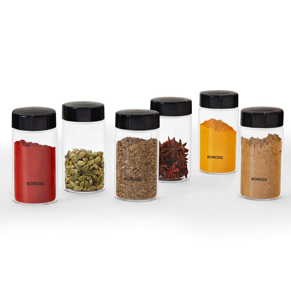 Premium Borosilicate Glass Spice Jars Set of 6 - 250ml Airtight Kitchen Storage Containers for Spices, Herbs & Tea | Transparent Neo Design | Ideal for Pantry Organization & Cooking Essentials (BVS6NEOSJ250)