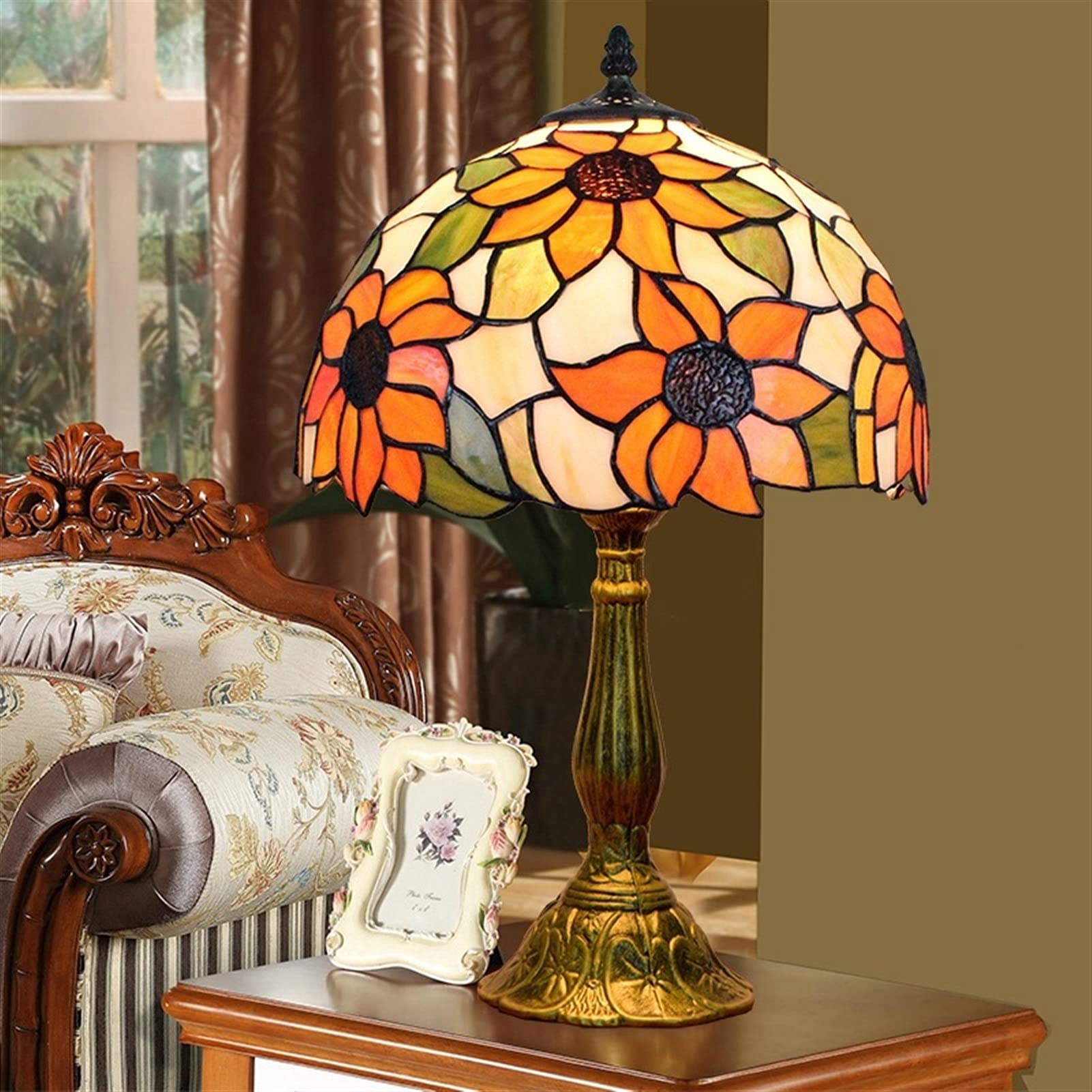 Tiffany Stained Glass Table Lamp - Sunflower Yellow Handcrafted Art Deco Style for Bedroom, Living Room, Office & Dorm | Includes LED Bulb | Perfect for Reading, Nightstand Lighting & Home Decor Gift (12x12x18 Inches)
