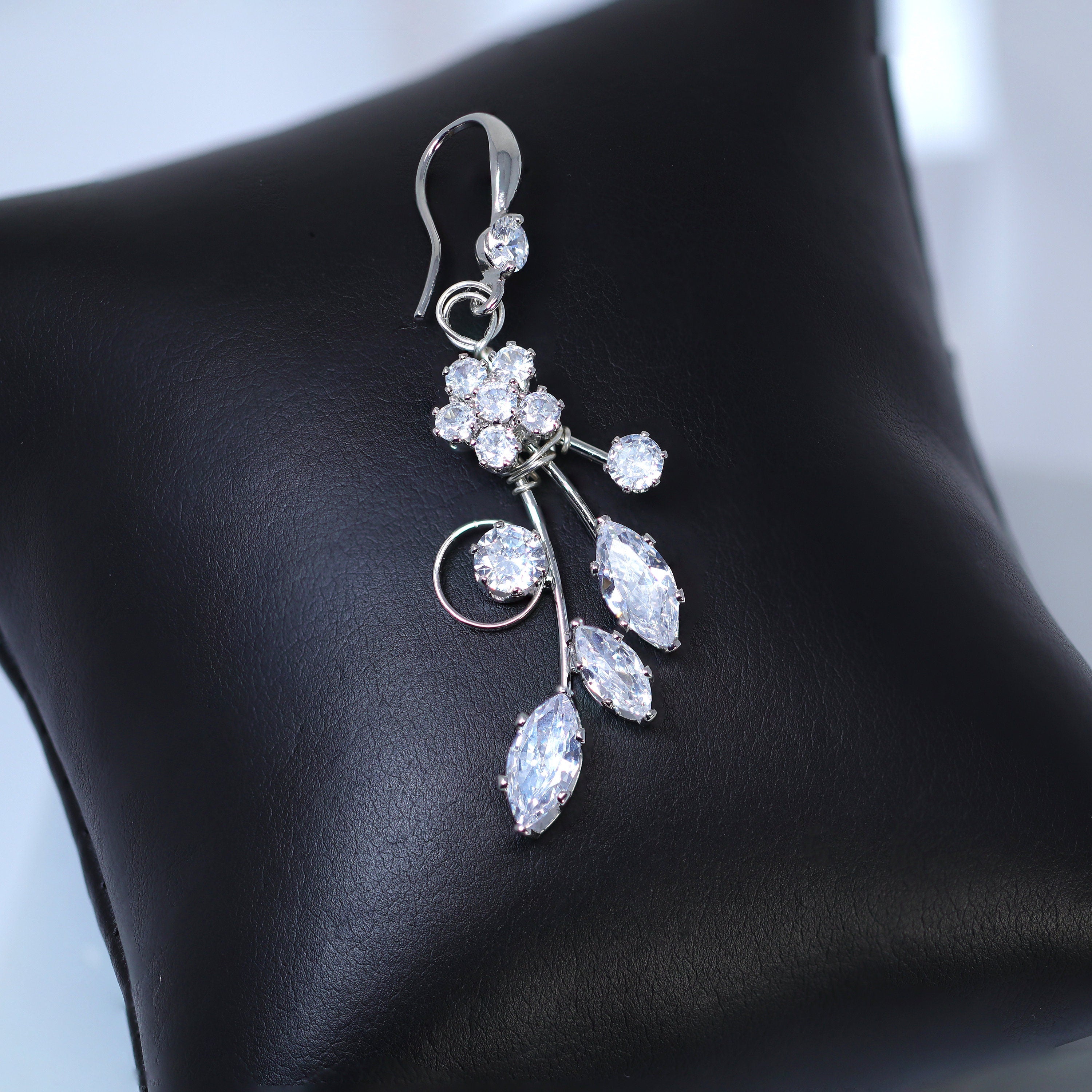 CZ Flower Vine In Paradise Dangle Earrings - Crystal/Diamond Bridal Jewelry for Women, Long Statement Earrings for Wedding, Party & Special Occasions