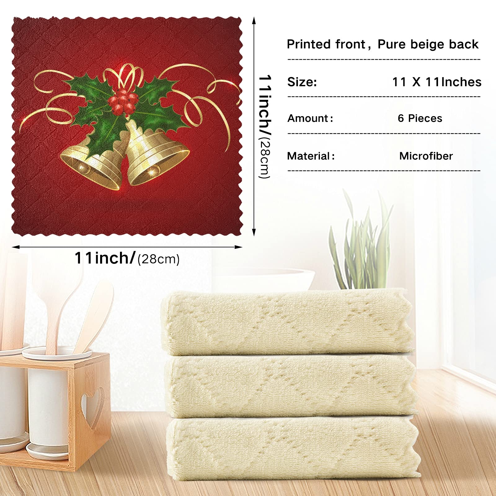 ALAZA 6-Pack Christmas Bell Red Kitchen Towels - Super Soft, Fast Drying Dish & Tea Towels (11x11 Inches) for Holiday Decor, Dish Drying & Gift Giving