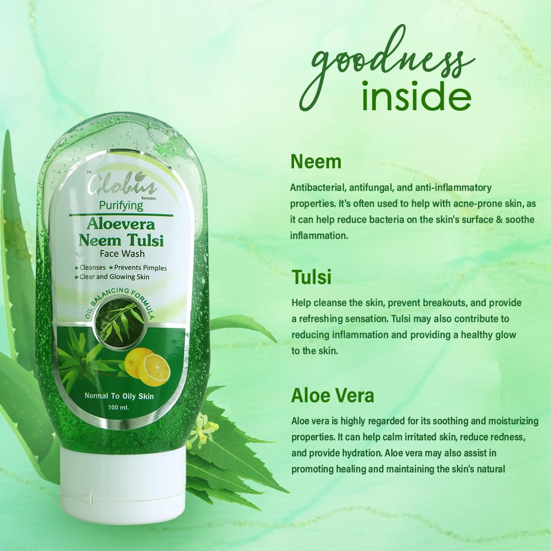 Globus Aloe Vera Neem Tulsi Face Wash - 100ml | Natural Herbal Cleanser for Acne & Oily Skin | Daily Skincare Routine