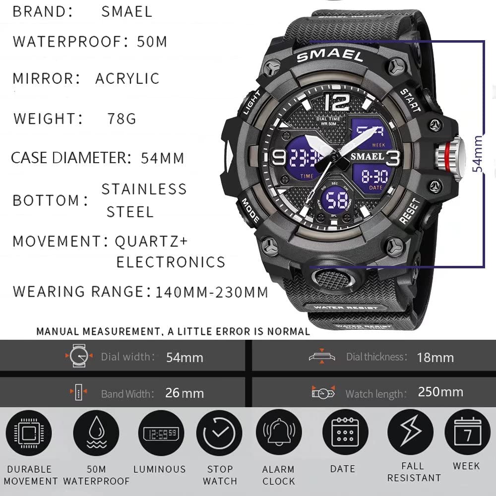 SMAEL Men's Military Digital Watch - Waterproof Sports Wristwatch with Date, LED Alarm & Stopwatch - Large Face Orange Digital Watch for Outdoor Activities, Hiking & Adventure Enthusiasts