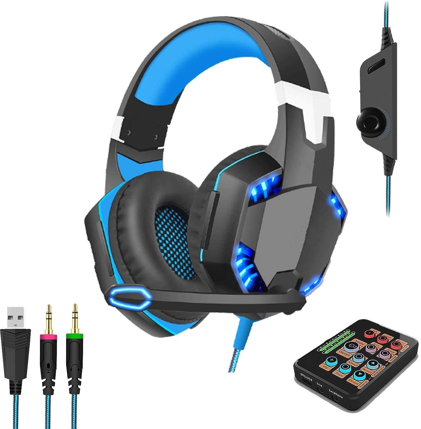 Blue LED Gaming Headset with Voice Changer - Over-Ear Headphones with Volume Control for PS4, Xbox One, Switch, PC, Phone & iPad | Perfect for Online Gaming, Streaming & Virtual Meetings