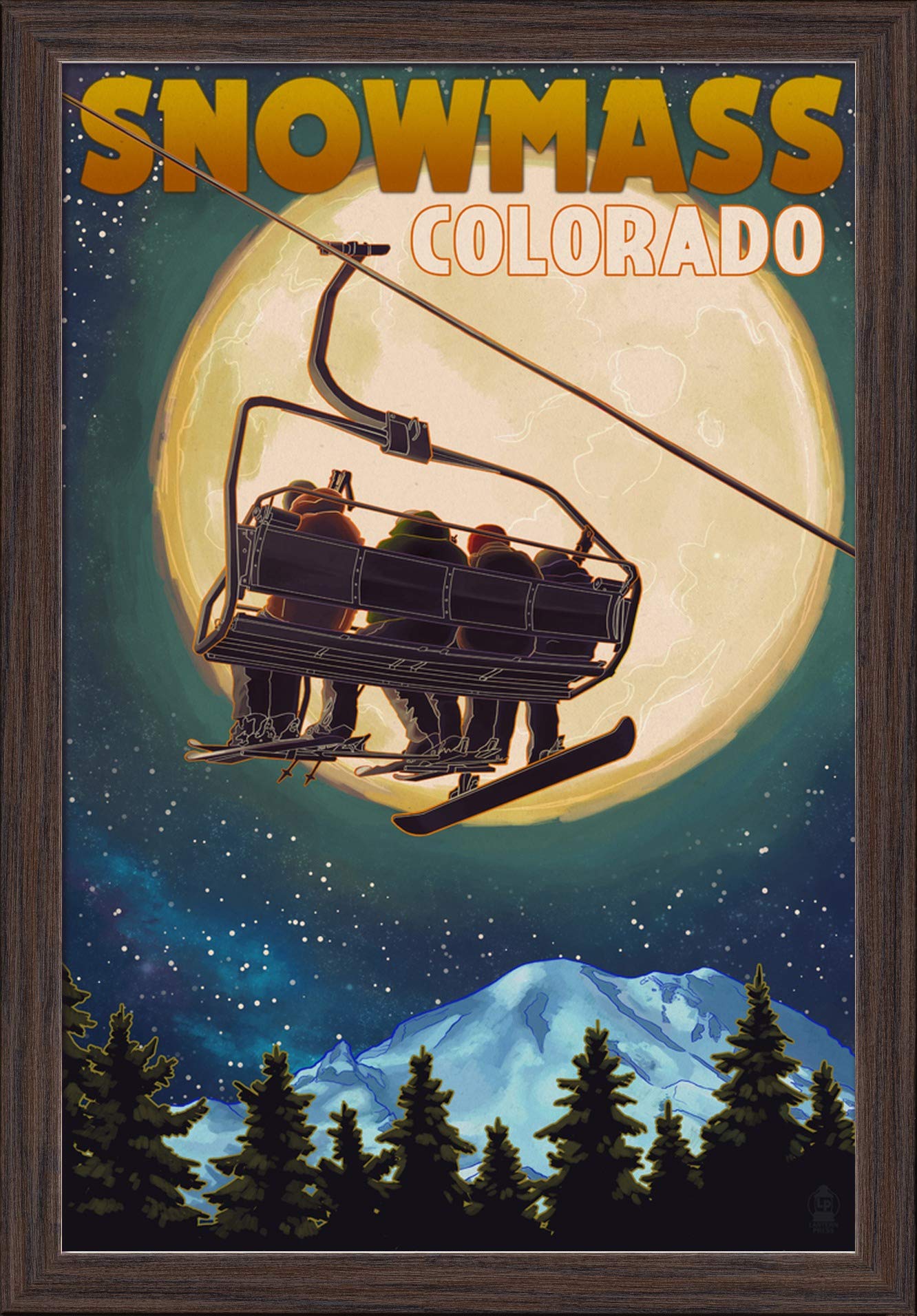 Snowmass Colorado Ski Lift & Full Moon with Snowboarder - 16x24 Inch Giclee Fine Art Print in Recycled Wood Frame (Espresso Brown) - Perfect for Ski Lodge, Mountain Cabin & Winter Sports Decor