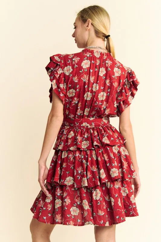 Red Floral Print Tie Waist Tiered Mini Dress for Women - Perfect for Summer Parties, Date Nights & Beach Vacations