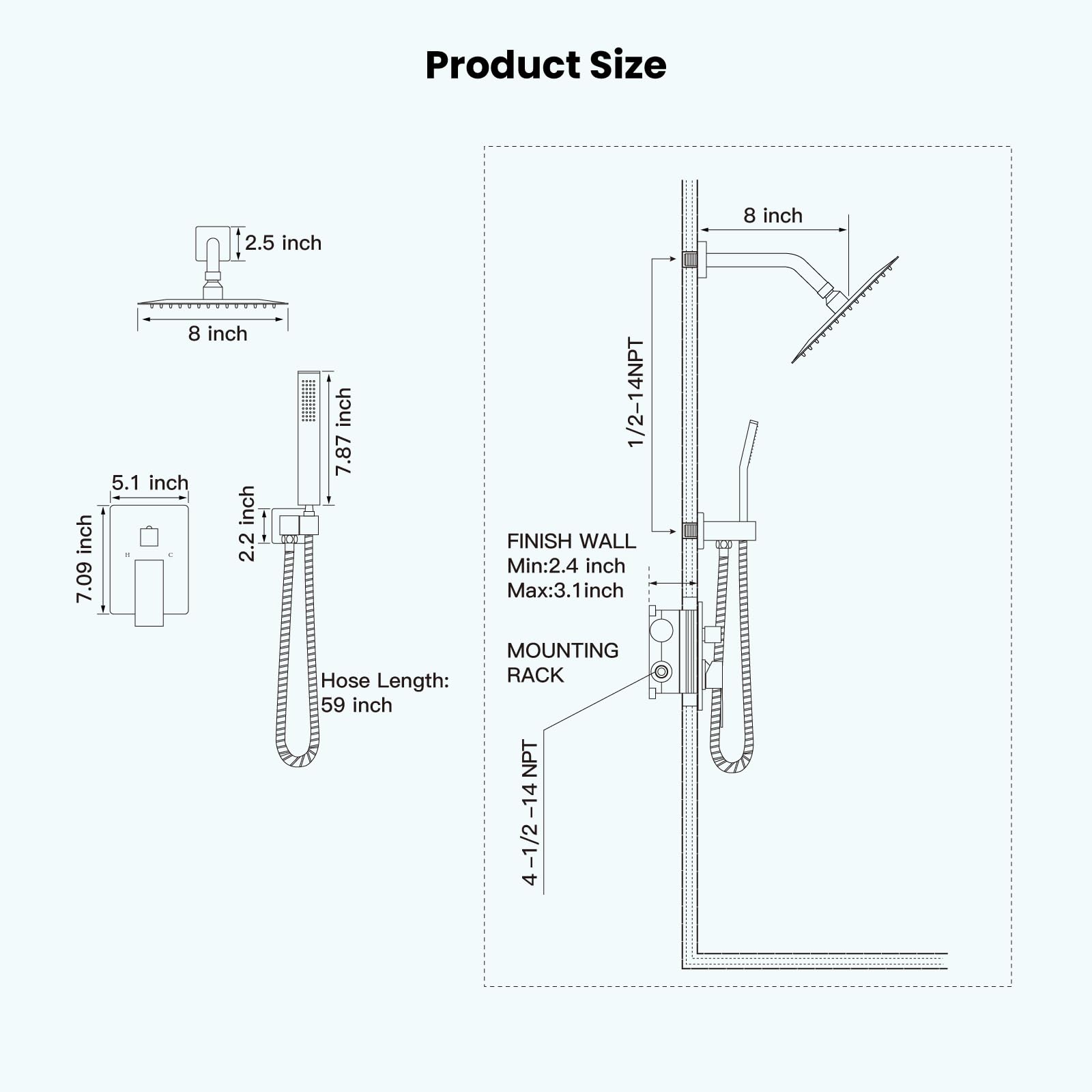 Gotonovo Rainfall Shower System - 8 Inch Matte Black Shower Head & Handle Set with Pressure Balancing Mixer Valve, Wall Mounted Solid Brass Combo for Luxurious Bathroom Experience | Perfect for Modern & Spa-Like Showers