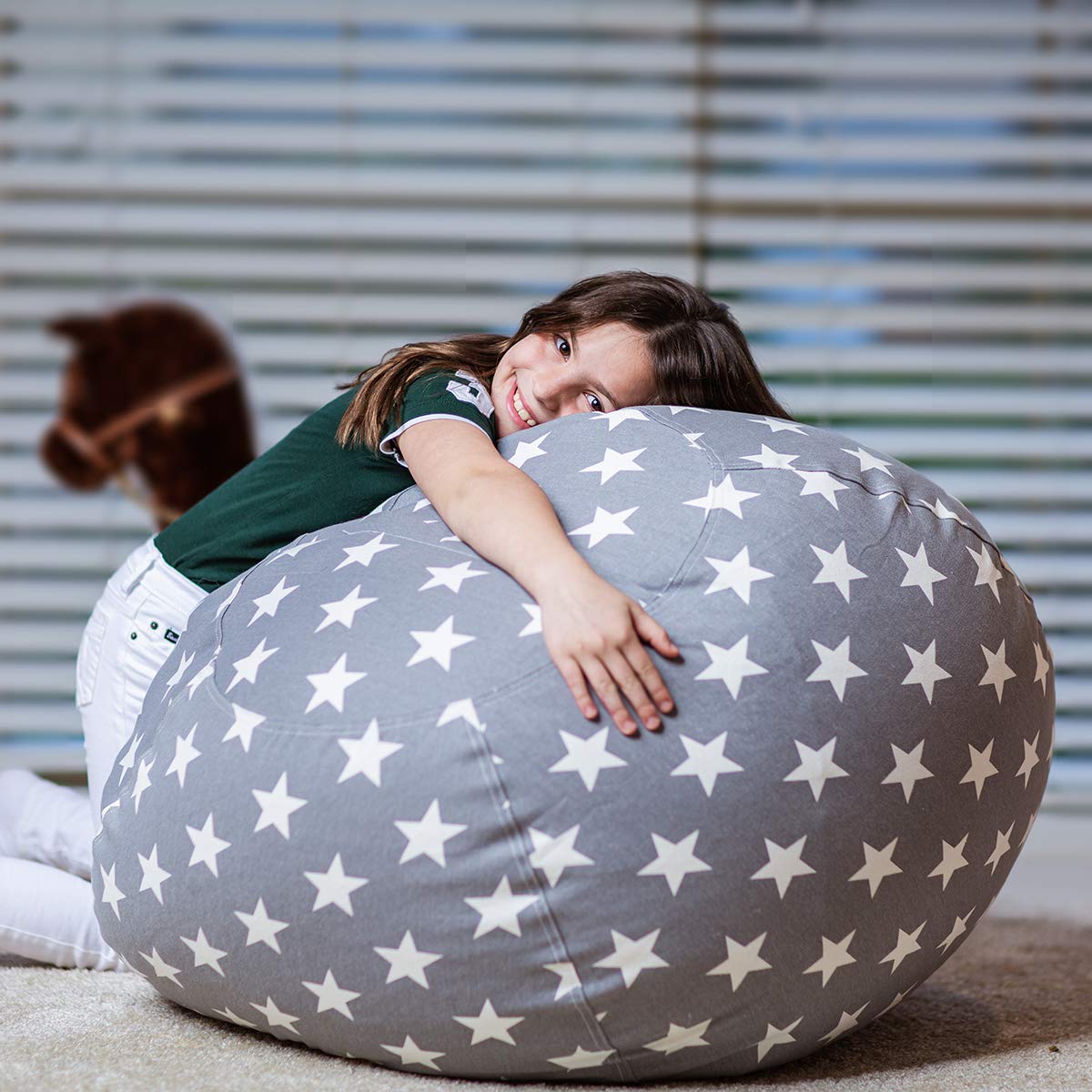 Premium Wekapo Stuffed Animal Storage Bean Bag Chair Cover for Kids – Large Cotton Canvas Organizer with Zipper | Grey Star Design | Perfect for Playrooms, Bedrooms & Toy Organization (X-Large)