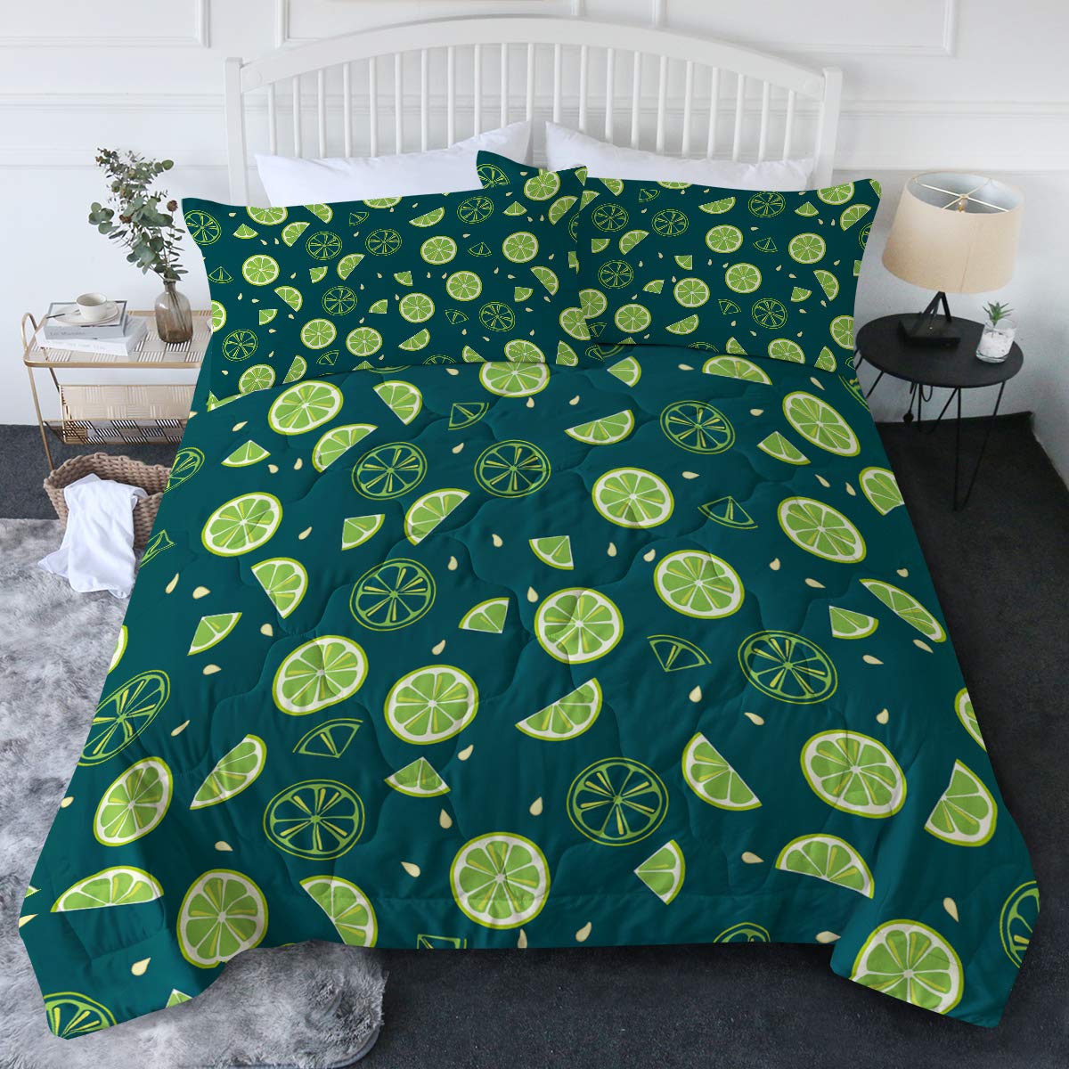 BlessLiving Lime Citrus Fruit Comforter Set - Modern Lime Slices Pattern 3-Piece Bedding Set for Full/Queen Size - Soft Green & Turquoise Bed Set for Teen Girls & Women - Perfect for Teen Bedrooms, Dorm Rooms & Guest Rooms
