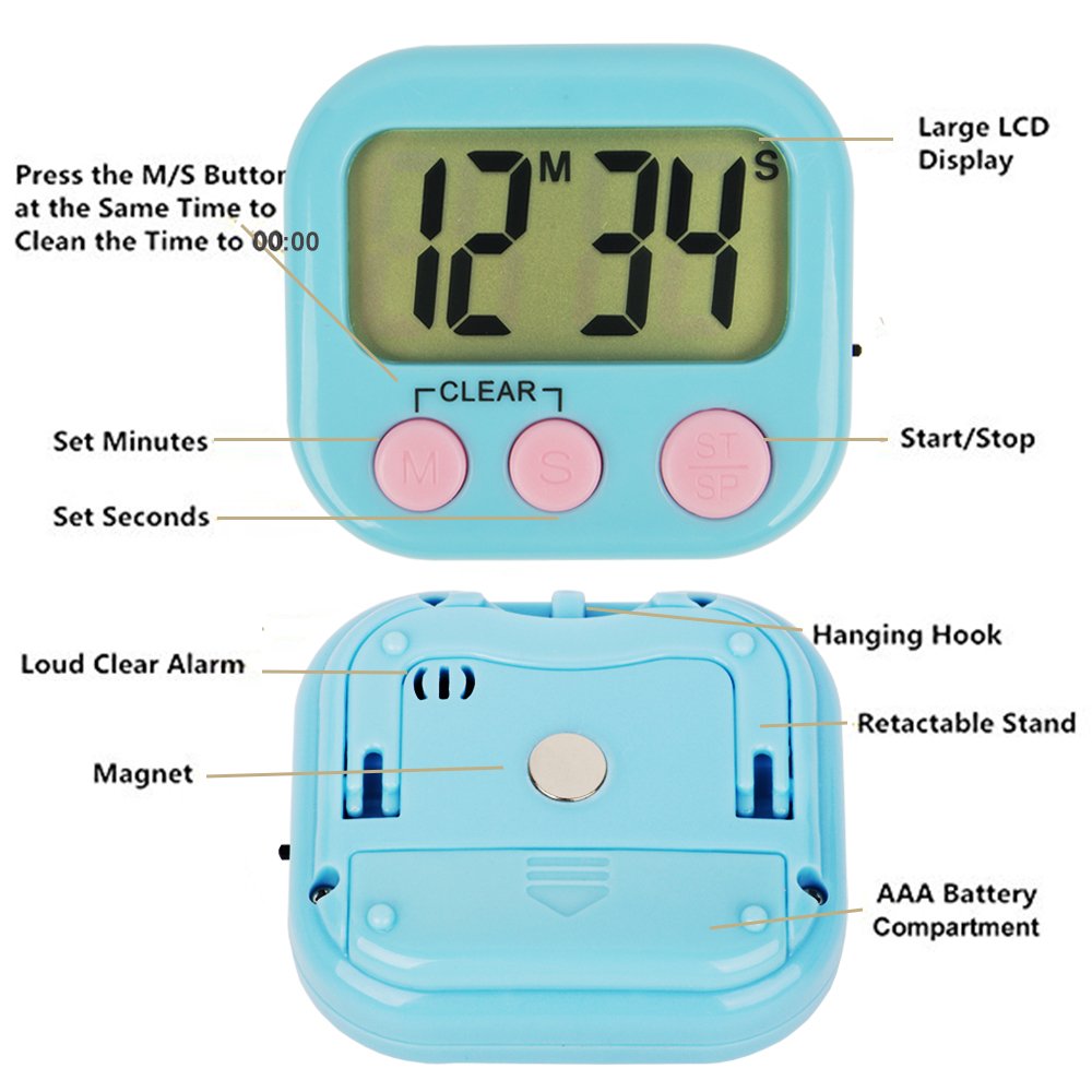 6 Pack Digital Kitchen Timer with Loud Alarm - Small Classroom Timer for Kids, Teachers, Cooking, Baking & Study (Blue) - Perfect for Home, School & Office Use