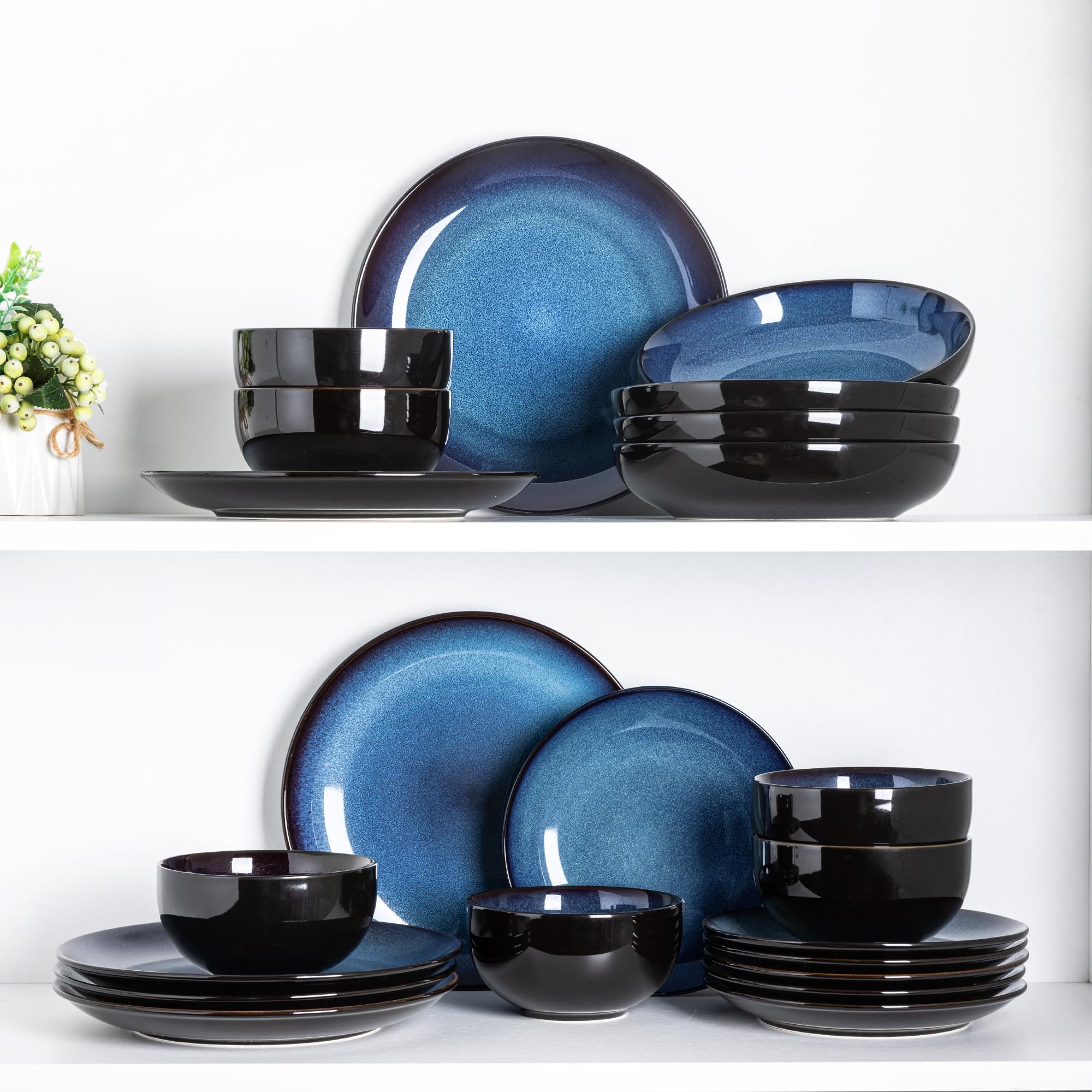 Premium LeRatio 18-Piece Ceramic Dinnerware Set for 6 - Handmade Reactive Glaze Plates & Bowls - Chip & Scratch Resistant - Oven, Dishwasher & Microwave Safe - Elegant Blue Tableware for Everyday Dining & Entertaining