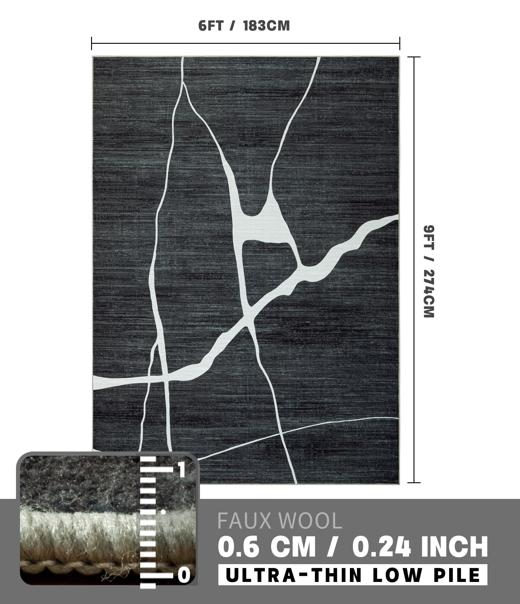 YIHOUSE Abstract Washable 6x9 Feet Ultra-Thin Non-Slip Rug - Modern Black and White Striped Minimalist Design for Living Room, Bedroom, Dining Room, Office & Playroom - Soft Floor Mat for Home Decor (6'x9', Black)