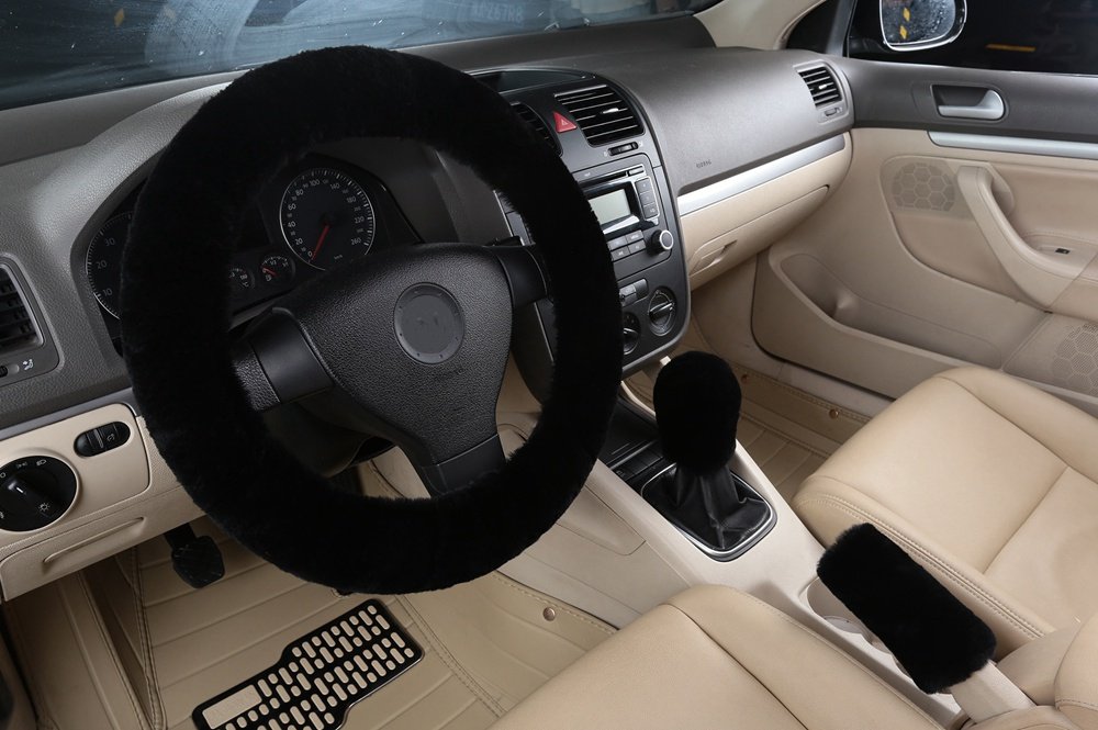 Dotesy Genuine Sheepskin Steering Wheel Cover Set - 3 Piece Auto Accessories with Gear Shift Knob Cover & Handbrake Cover | Universal Fit for 15 Inch Wheels | Premium Australian Wool | Black | Perfect for Winter Driving, Luxury Car Interior Upgrade & Comfort Enhancement