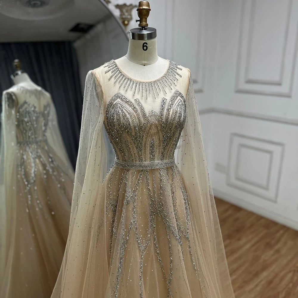 Elegant Nude Blue Beaded Long A-Line Arabic Evening Dress with Cape Sleeves for Dubai Luxury Formal Occasions - LA72785 | Perfect for Weddings, Galas, and Special Events