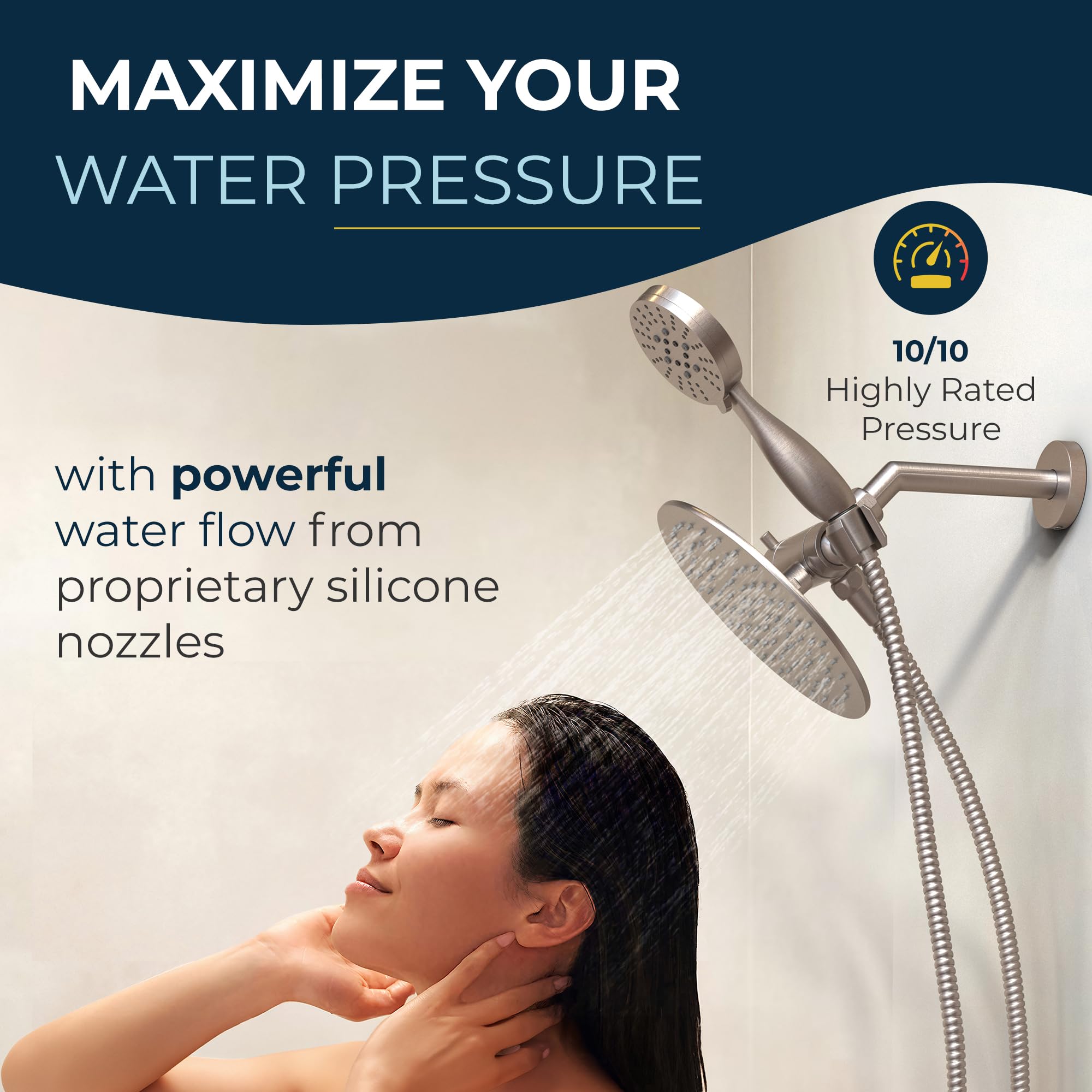 HammerHead Showers® All Metal Dual Shower Head Combo - Brushed Nickel - 8 Inch Rainfall High Flow Shower Head & 3-Setting Handheld Shower with 6ft Hose - High Pressure Luxury Bathroom Upgrade for Spa-Like Experience