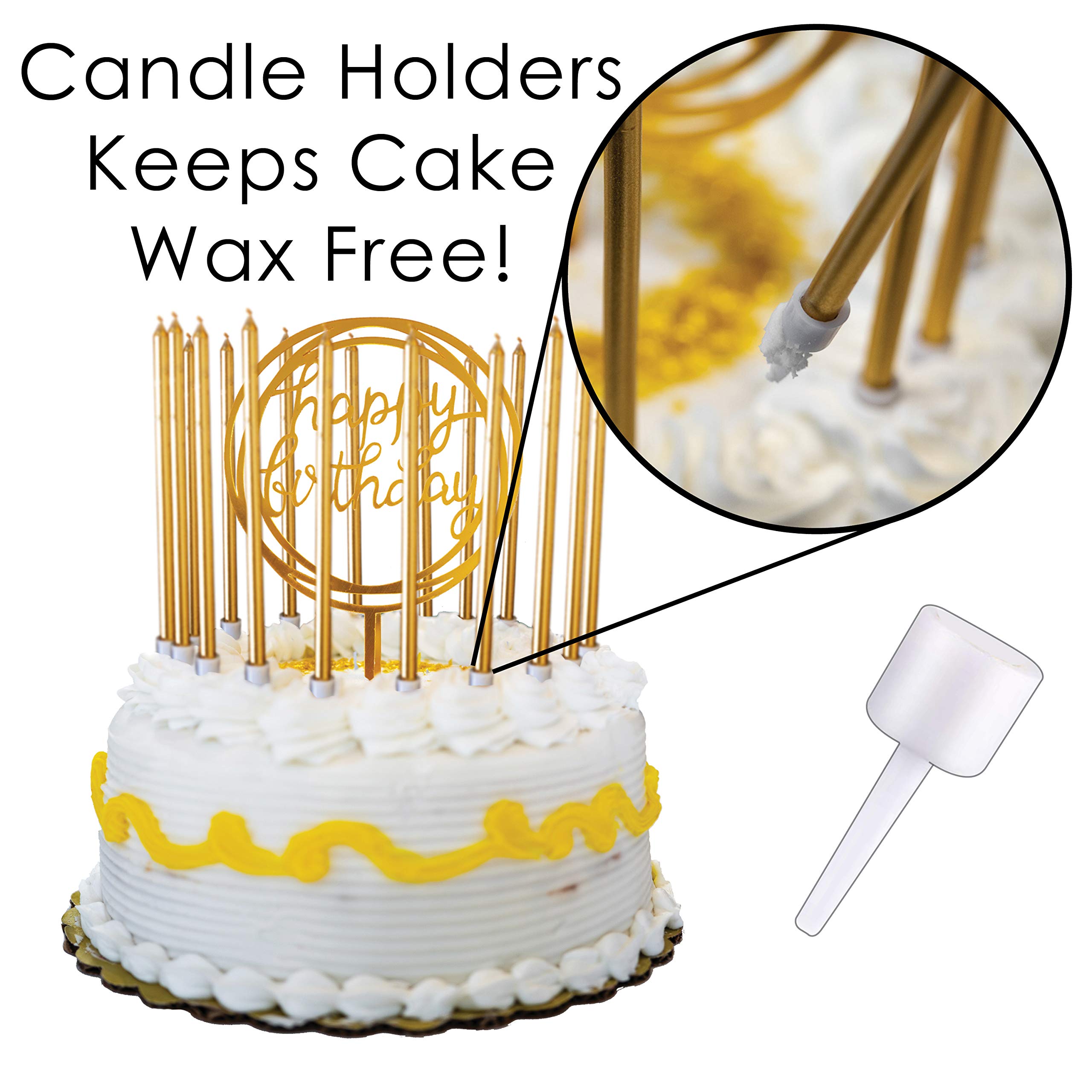 24-Pack Tall Thin Metallic Gold Birthday Candles with Holders & Matching Cake Topper - Slow Burning for Custom Cakes, Cupcakes & Special Occasions | Elegant Party Decor by Dream VZN