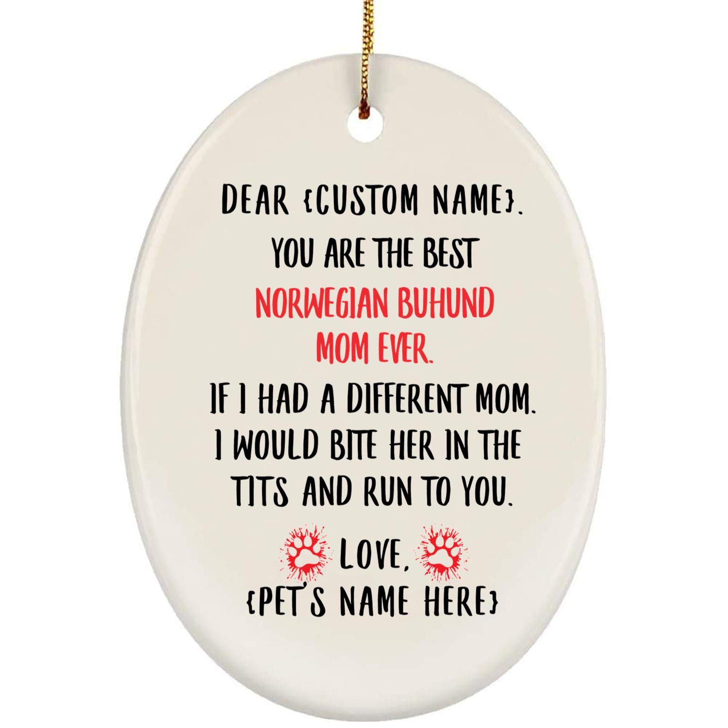 Personalized Norwegian Buhund Dog Mom Gift - Custom Name Ceramic Christmas Tree Ornament 2024 | Oval Pet Memorial Keepsake for Dog Lovers, Holiday Decor & Pet Loss Sympathy Gift