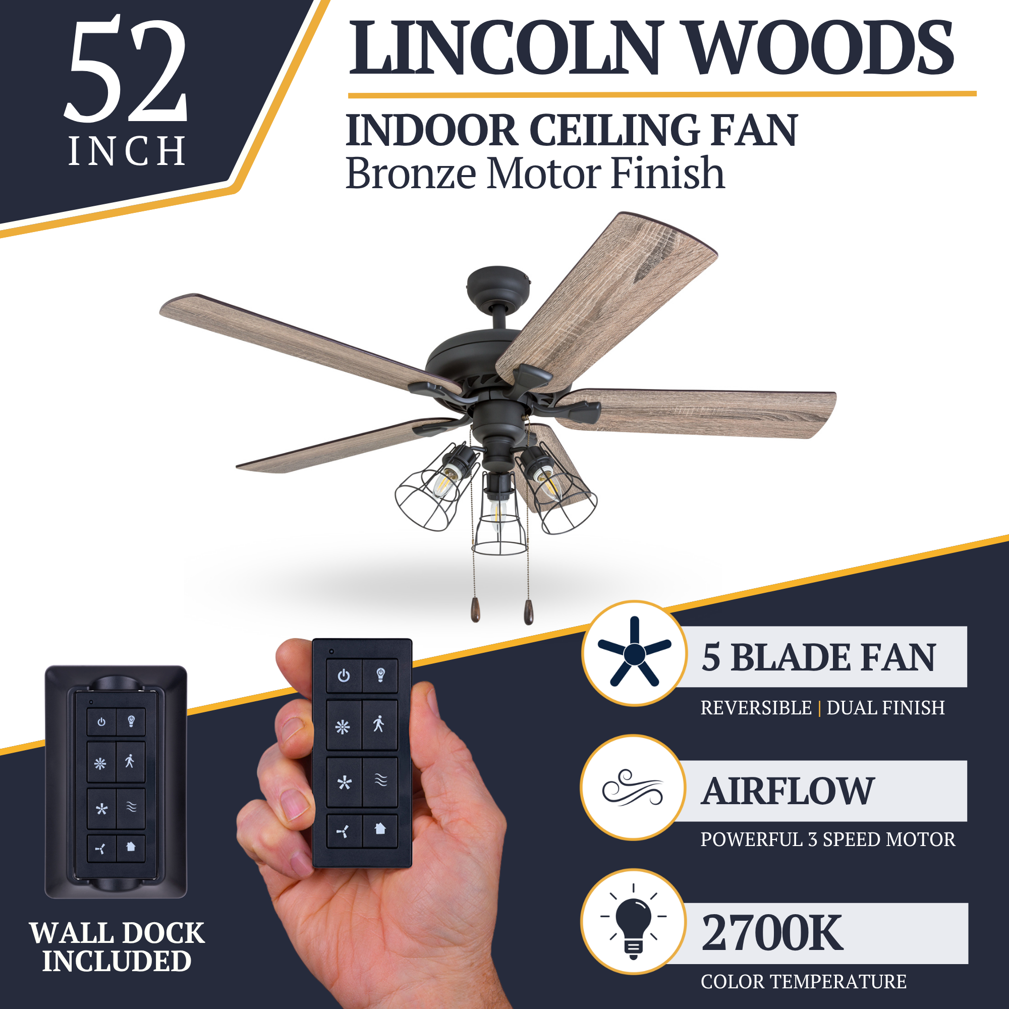 52 Inch Lincoln Woods Bronze Ceiling Fan with Remote Control - Modern Indoor Cooling for Living Room, Bedroom, and Office