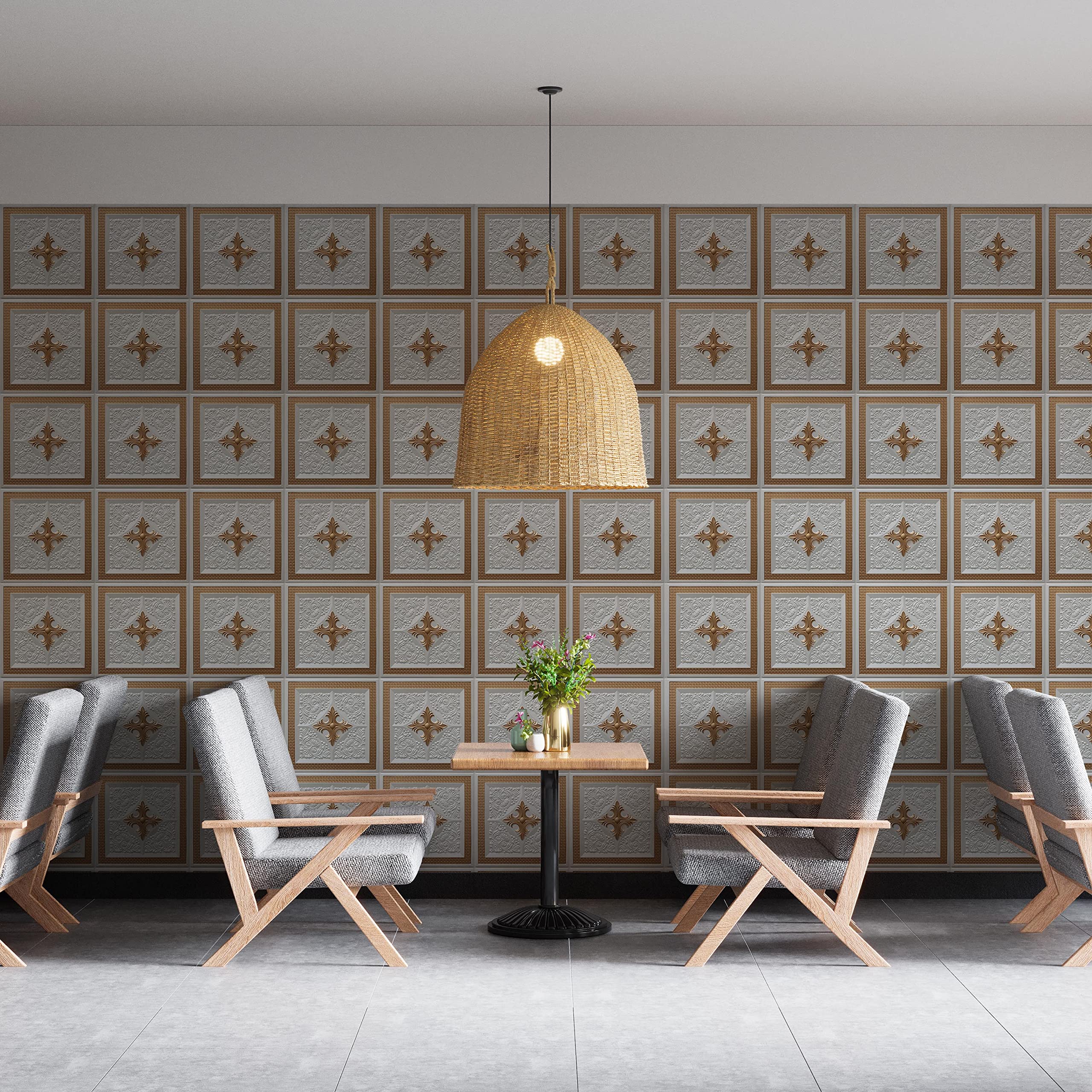 Dundee Deco Modern Floral Pearl White Gold PVC 3D Ceiling Tiles - 2ft x 2ft (60cm x 60cm) Glue Up or Lay in Panels - Pack of 10 for Home & Office Decoration - Perfect for Bedroom, Living Room, and Commercial Spaces