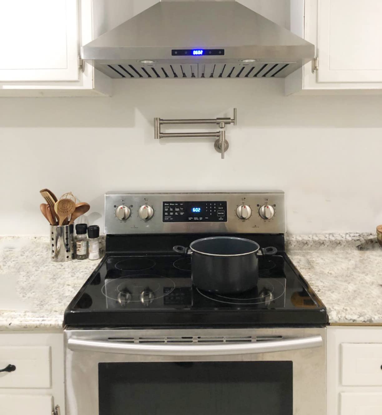 Brushed Nickel Wall Mount Pot Filler Faucet - Double Joint Swing Arm, Stainless Steel Commercial Kitchen Sink Faucet with Two Handles - Perfect for Cooking, Filling Large Pots & Commercial Kitchens