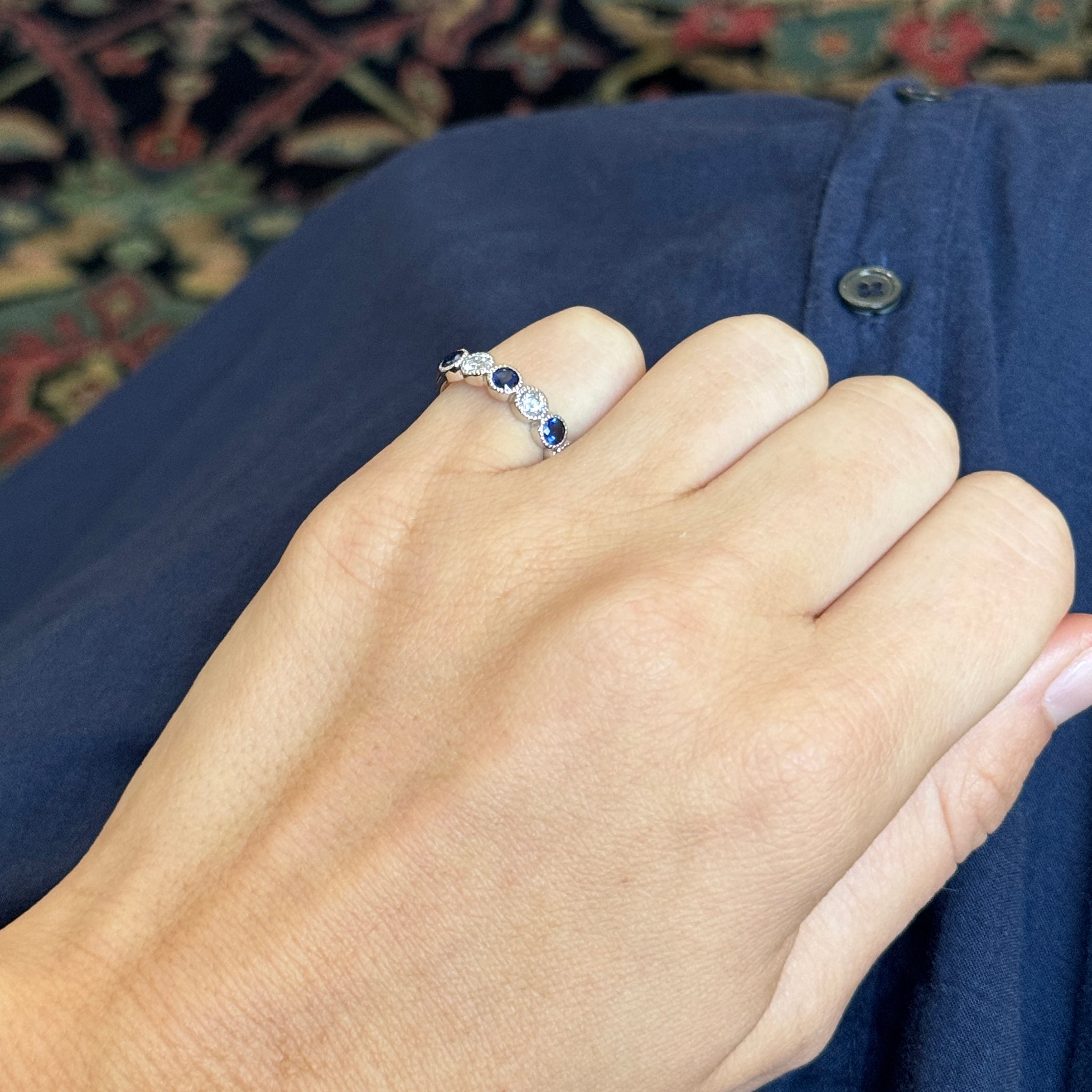 14K White Gold Sapphire & Diamond Milgrain Bezel Halfway Band Ring - Perfect for Weddings, Anniversaries & Special Occasions