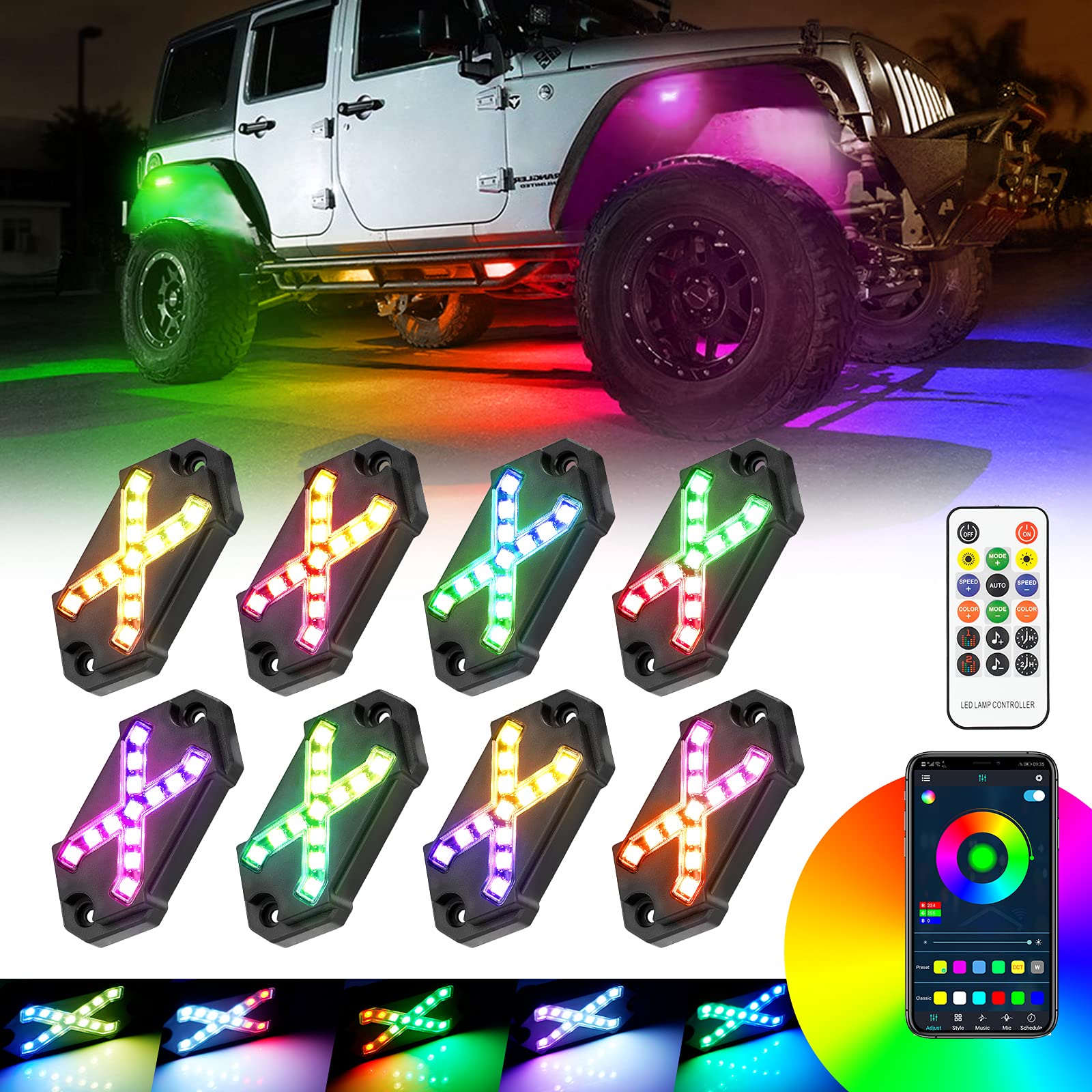 SUPAREE 8 Pods RGB Rock Lights Car Neon Underglow Kit - Color Changing Exterior LED Under Vehicle Lighting, Waterproof for Truck, Boat, Jeep Wrangler JK JKU JL TJ, UTV, ATV, RZR, Golf Cart, GMC - Perfect for Off-Roading, Car Shows & Night Cruising