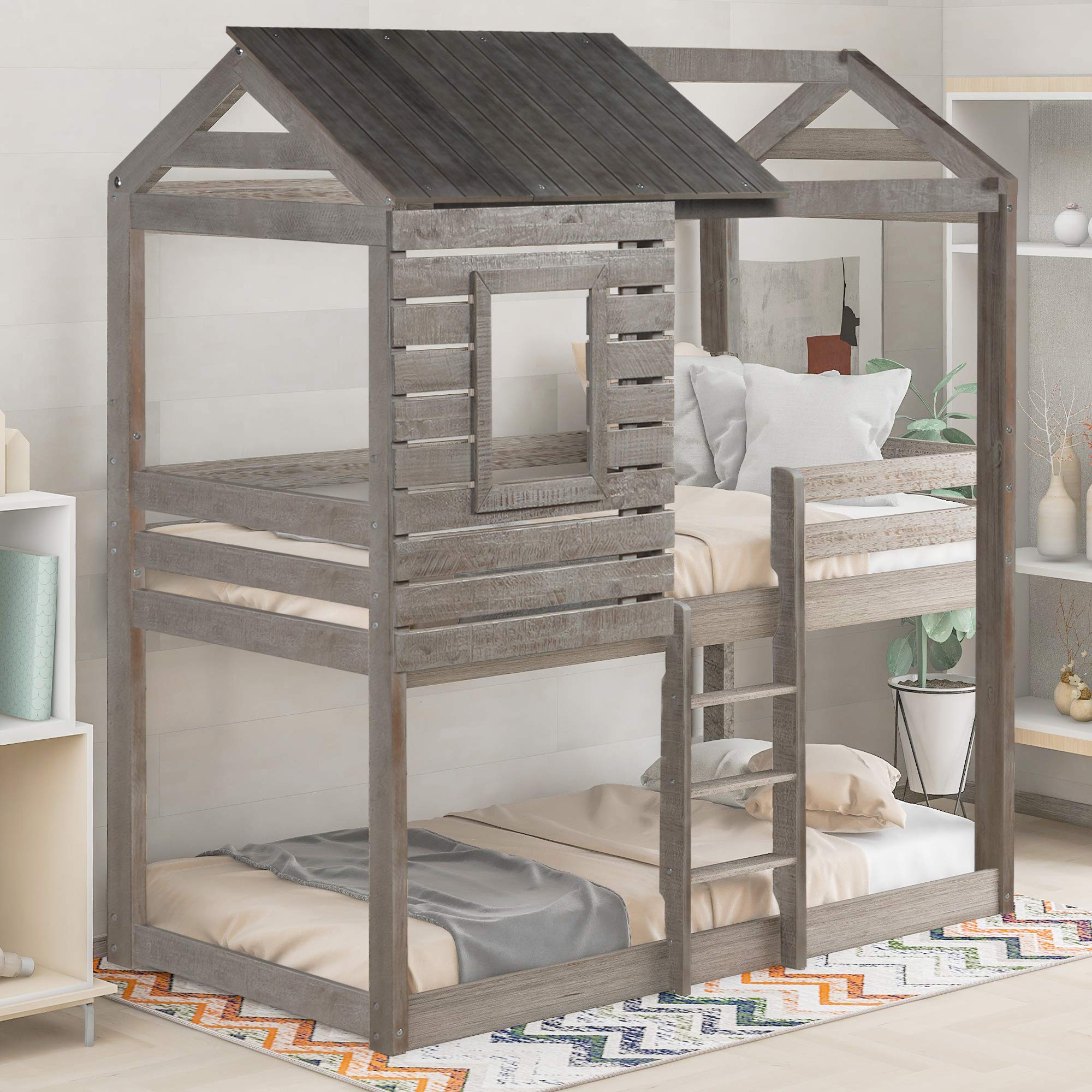 Twin Over Twin Bunk Bed with Roof & Window - Solid Wood Loft Bed with Guardrail & Ladder - Space-Saving Kids Bedroom Furniture for Small Rooms & Shared Spaces